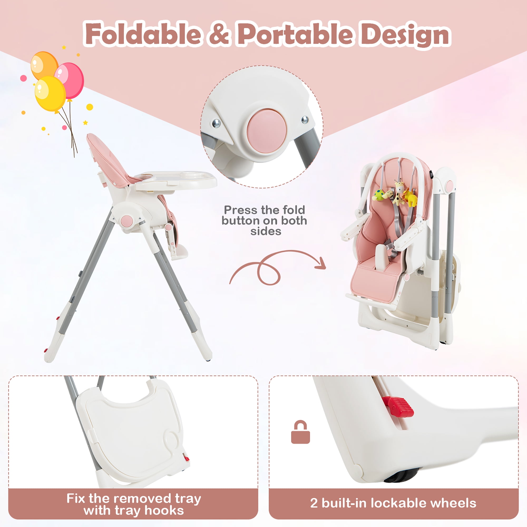 Costway Foldable High Chair Baby Feeding Chair with 7 Adjustable Heights Pink - Image 6
