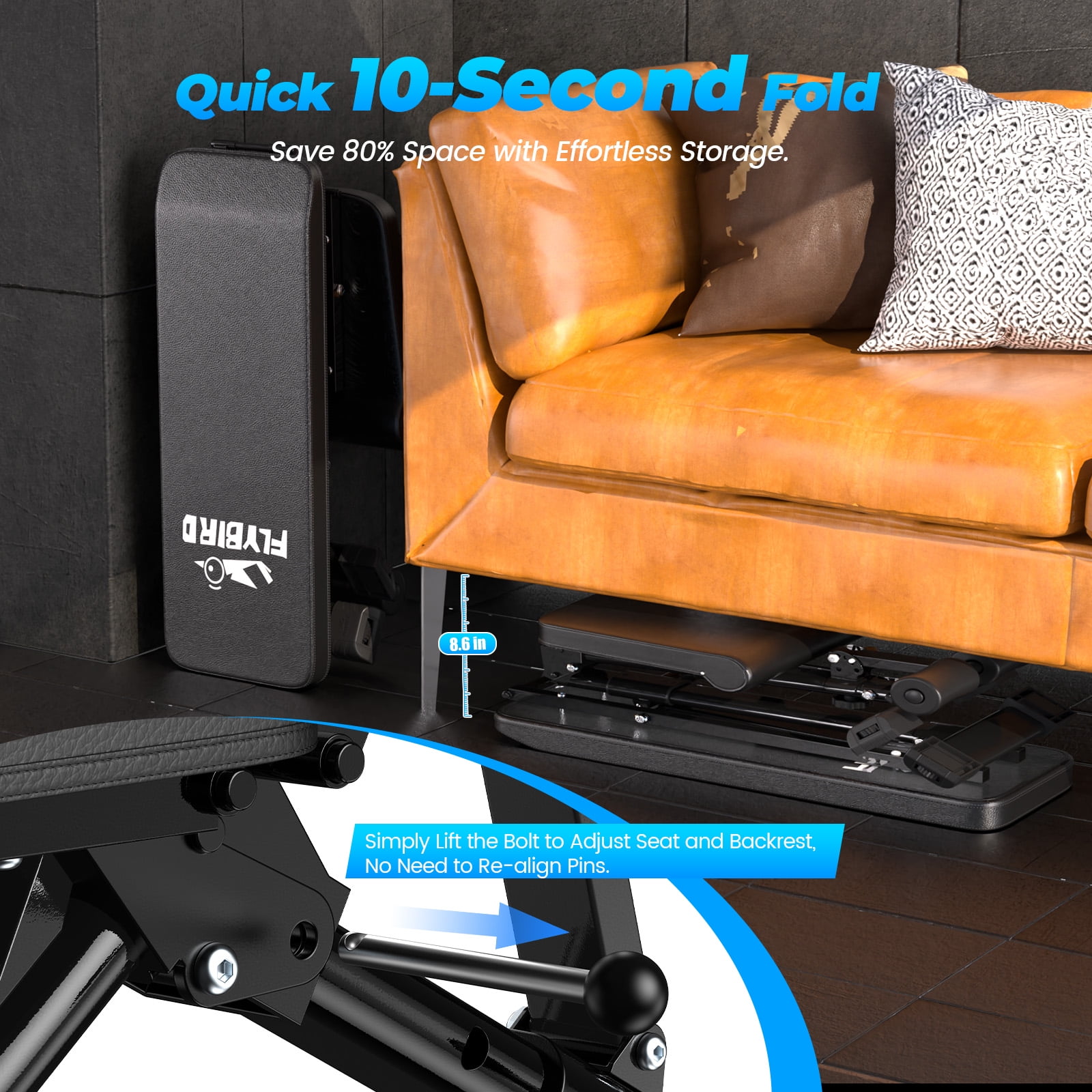 Flybird Collapsible Adjustable Weight Bench - Heavy Duty Foldable Fitness Exercise Utility, with 800 Lbs. Weight Capacity, Black - Image 3