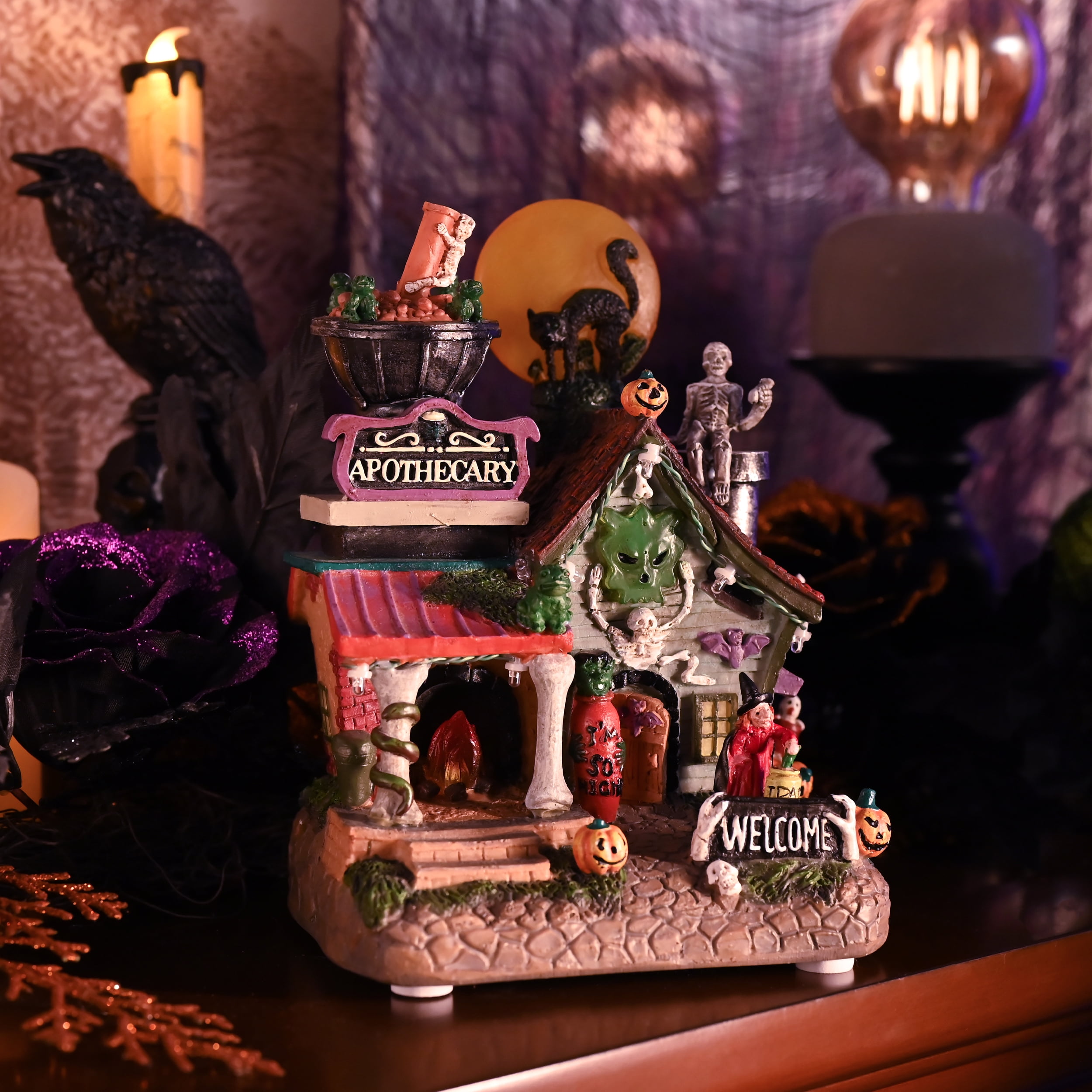 Valery Madelyn 8.08 inches Halloween Village Halloween Apothecary Haunted House Decoration with Black Cat, Skeleton, Pumpkins, Witch and Music, Lighted Halloween Village for Spooky Party Decor - Image 5