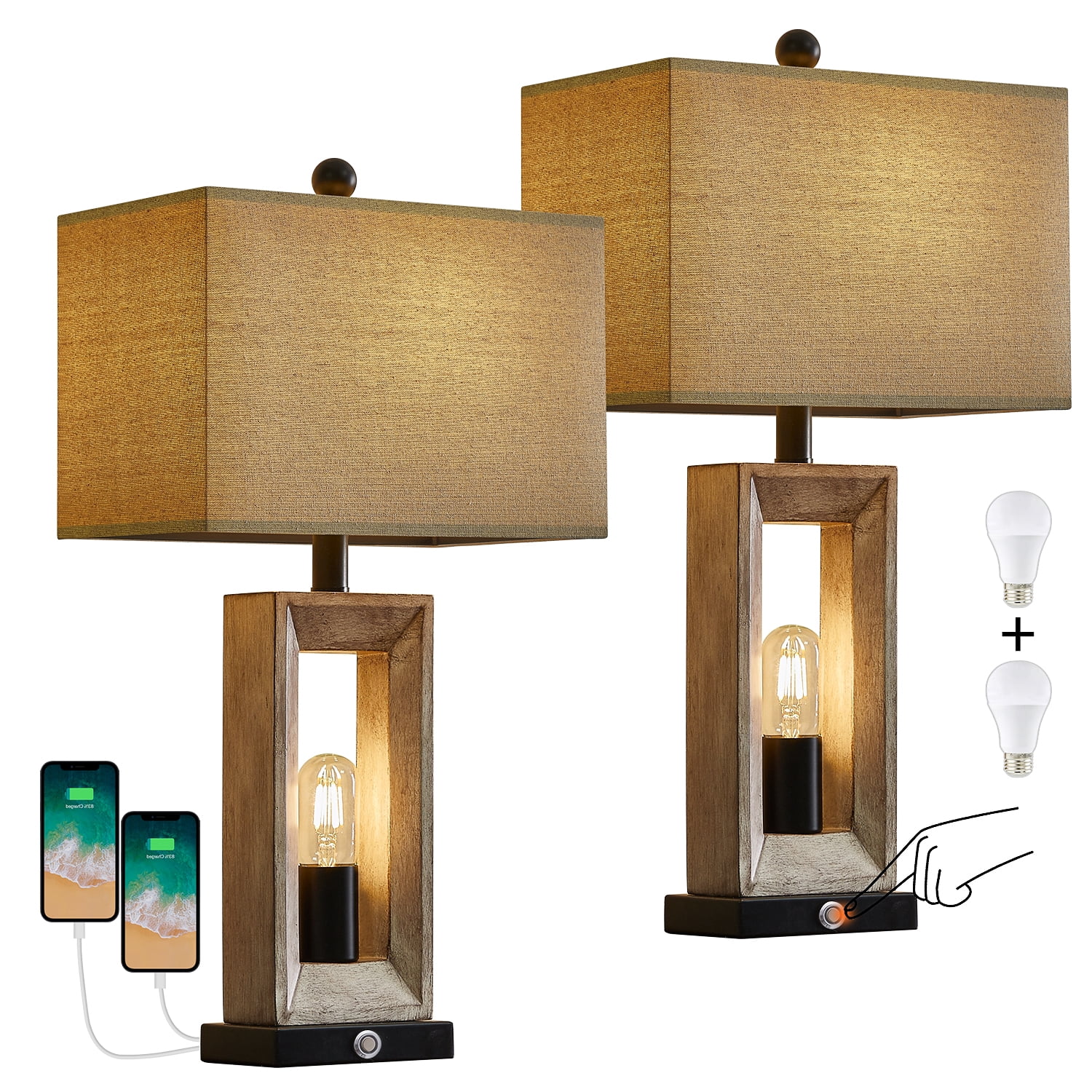 Yokila 3 Way Dimmable Touch Table Lamp Set of 2 with USB Ports for Living Room Bedroom 25" Retro Resin Bedside Nightstands Lamps(4 Bulbs Included) - Image 11