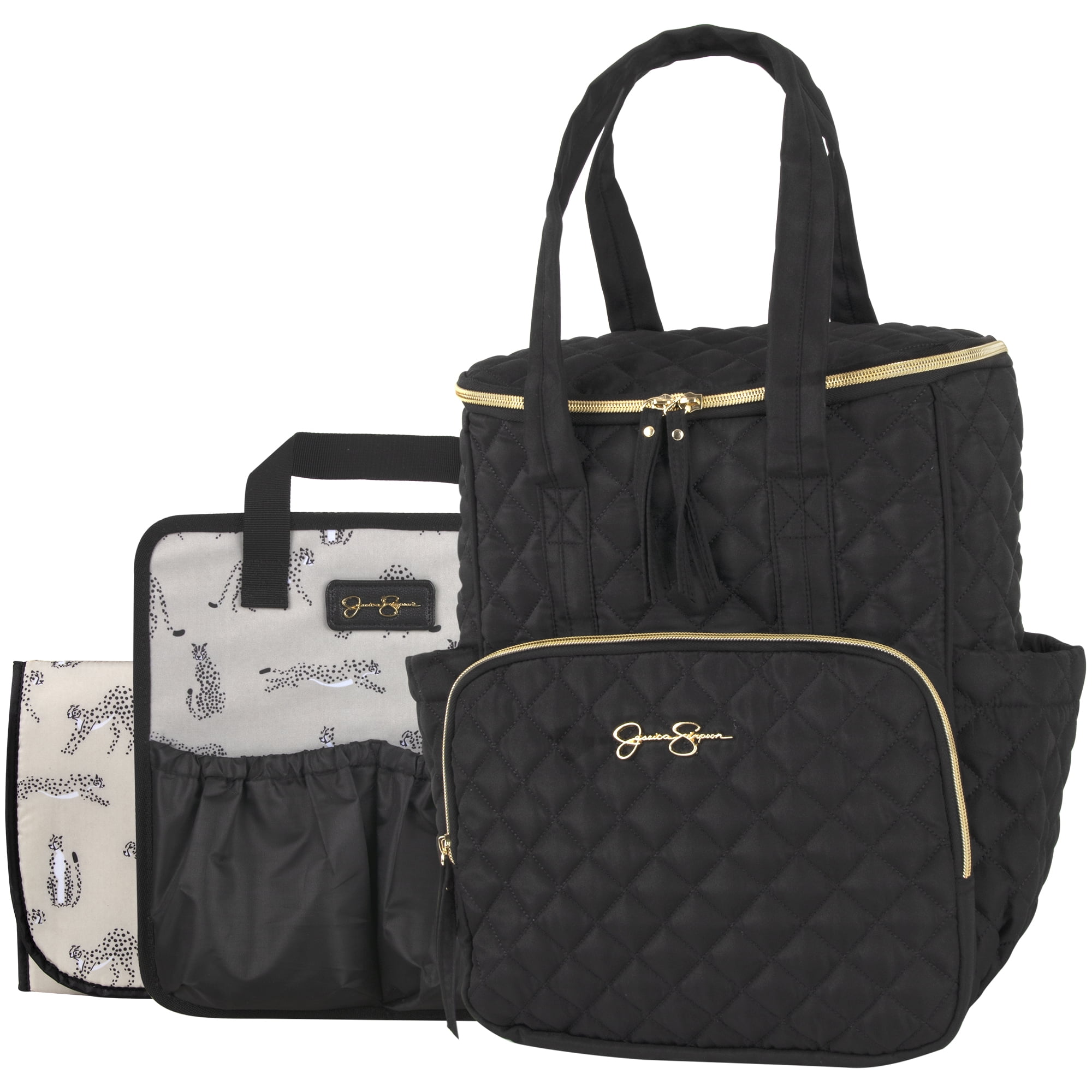 Jessica Simpson Black Diamond Quilted Multi-Pocket Dual Zipper Closure Fashion Diaper Bag Tote and Backpack with Running Cheetah Interior, Matching 3-Ply Folding Baby Changing Pad & Changing Caddy - Image 7