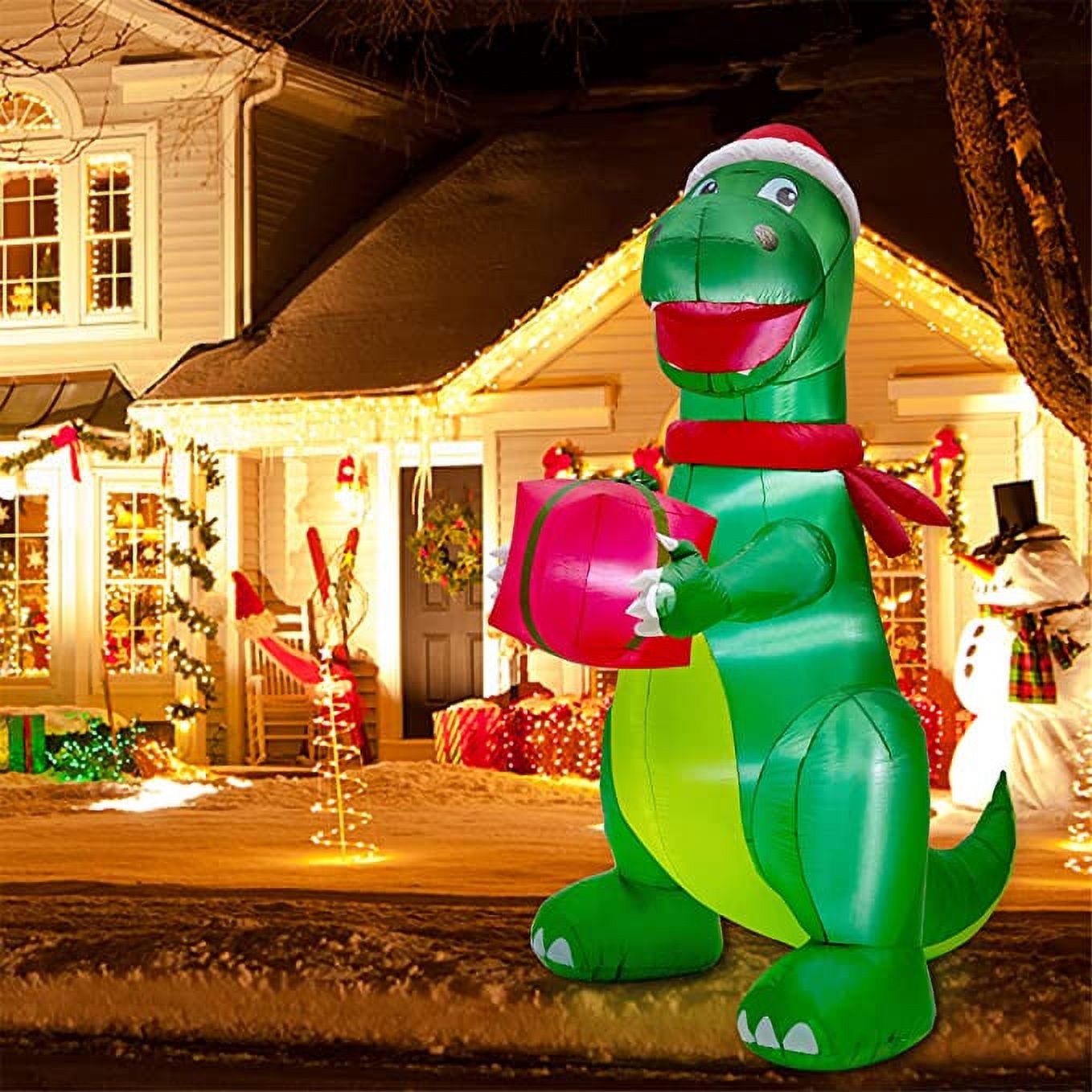 Twinkle Star Christmas 8FT Inflatables Lighted Green Dinosaur with Christmas Hat and Gift Box - Image 3