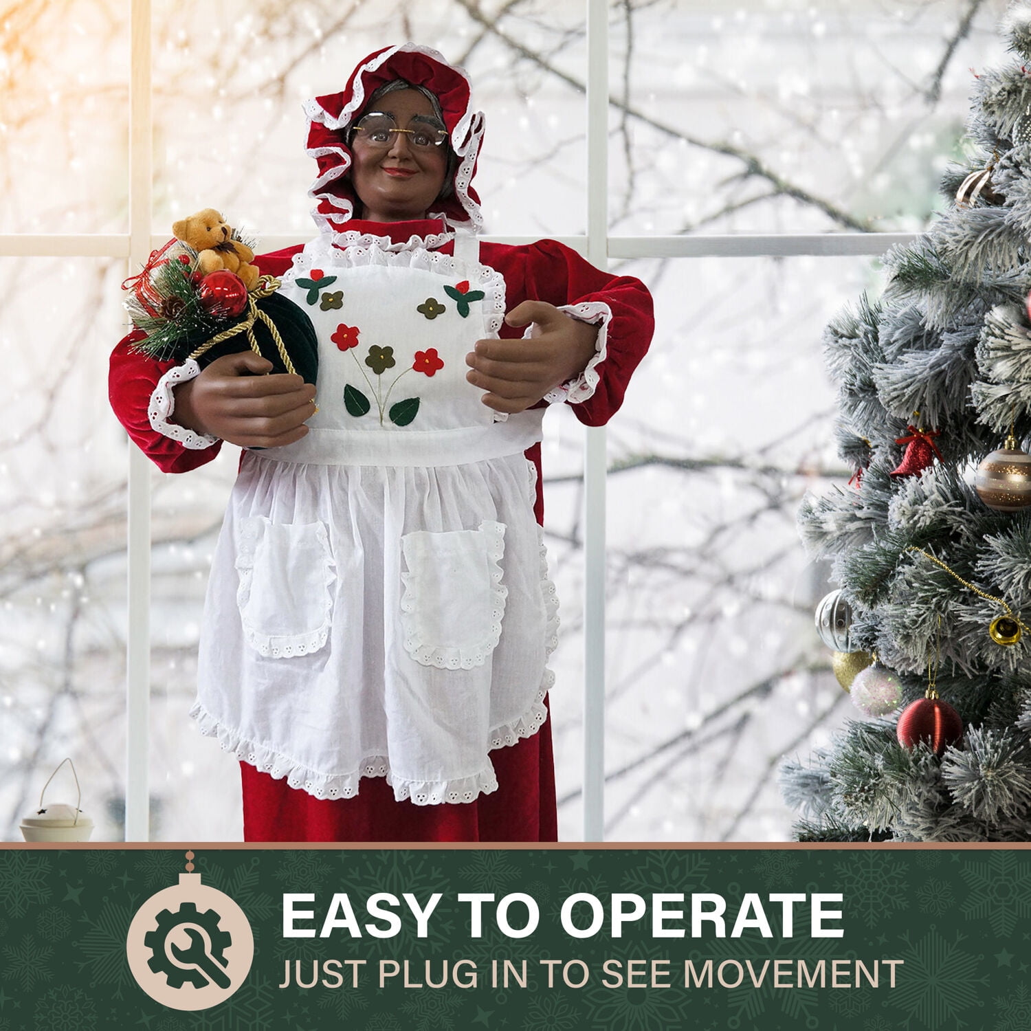 Fraser Hill Farm 3-Ft. African American Mrs. Claus Animatronic with Apron and Gift Sack, FMC036-1RD1-AA - Image 3
