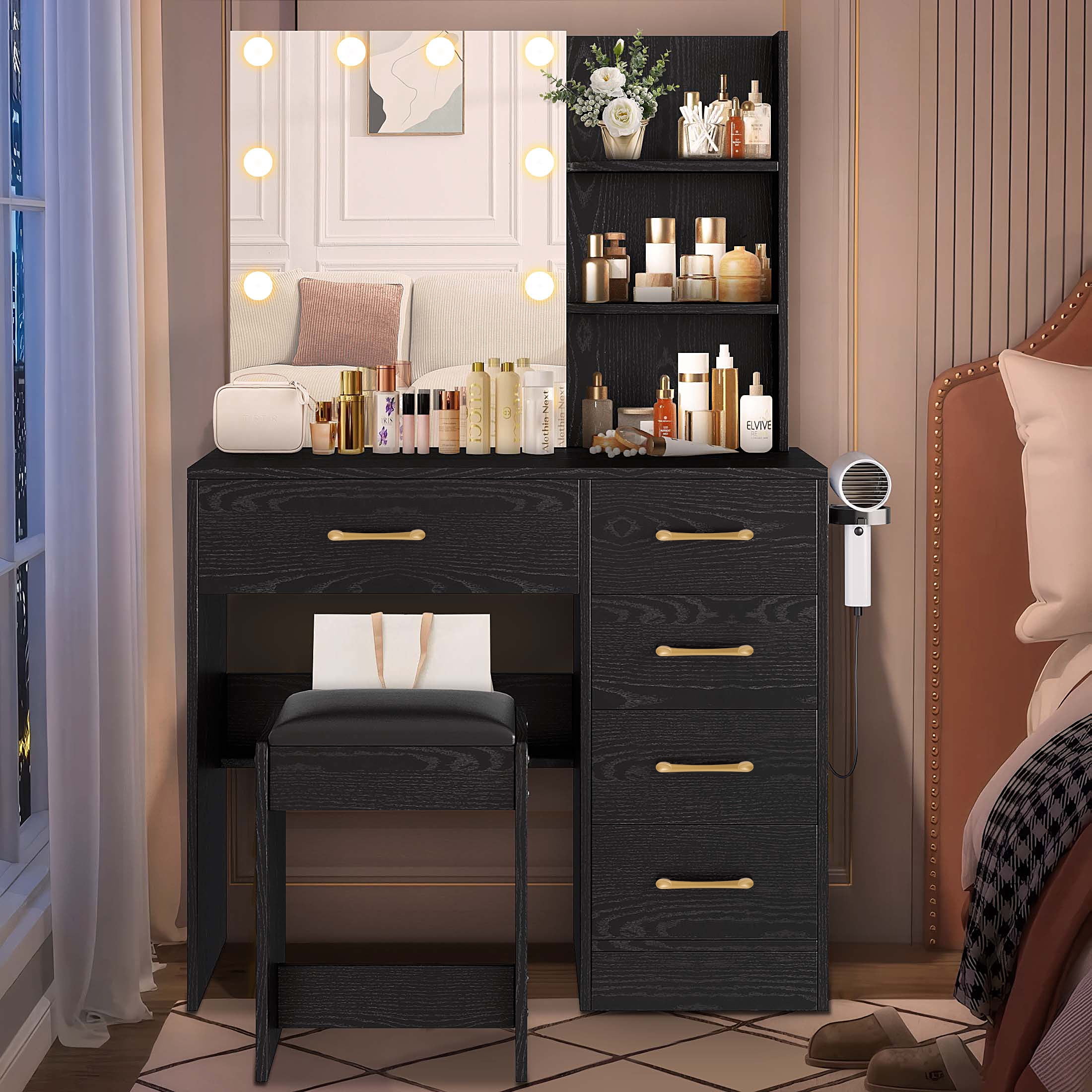 Vanity Set with Mirror, UHOMEPRO Lighted Makeup Vanity Desk with 5 Drawers, 3 Storage Shelves, Hair Dryer Rack, and Cushioned Stool, Modern Makeup Desk Dressing Table for Girls Bedroom, Black - Image 10