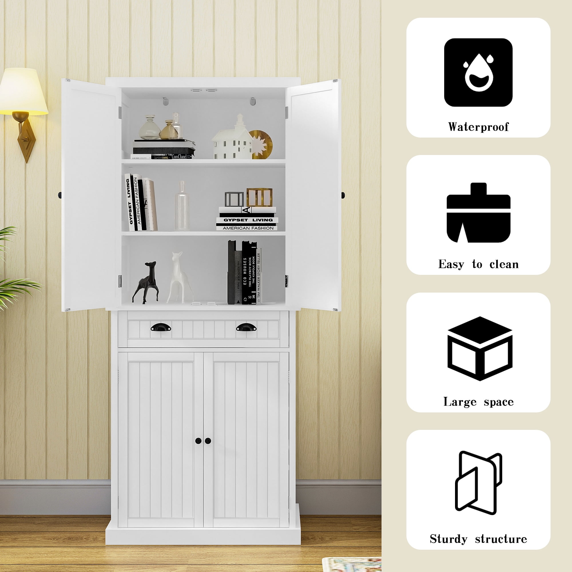 "HLR 72"" Tall Kitchen Pantry Storage Cabinet with Adjustable Shelves and Drawer, White" - Image 7