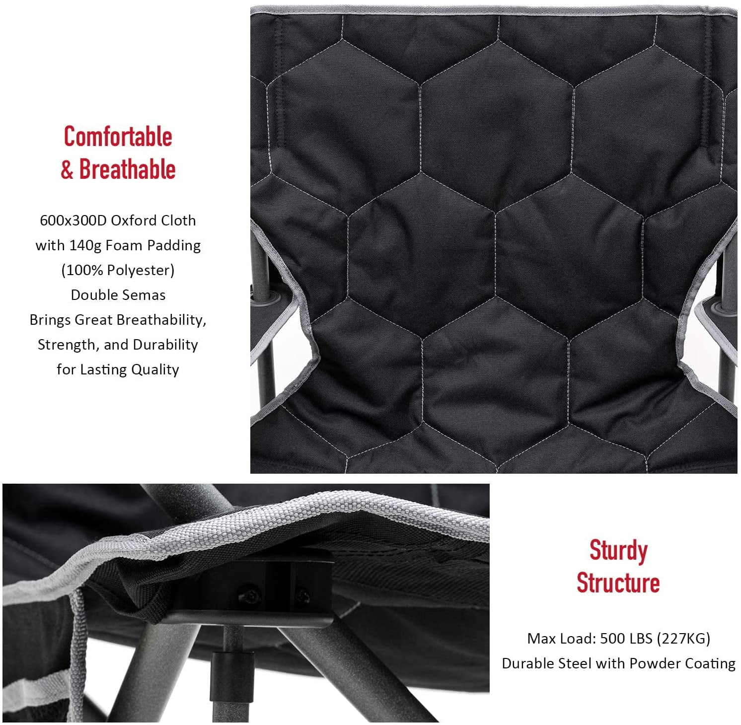 Sunnyfeel Oversized Foldable Camping Chair with Armrest and Cup Holder, Portable and Durable, Extra Wide, Black - Image 3