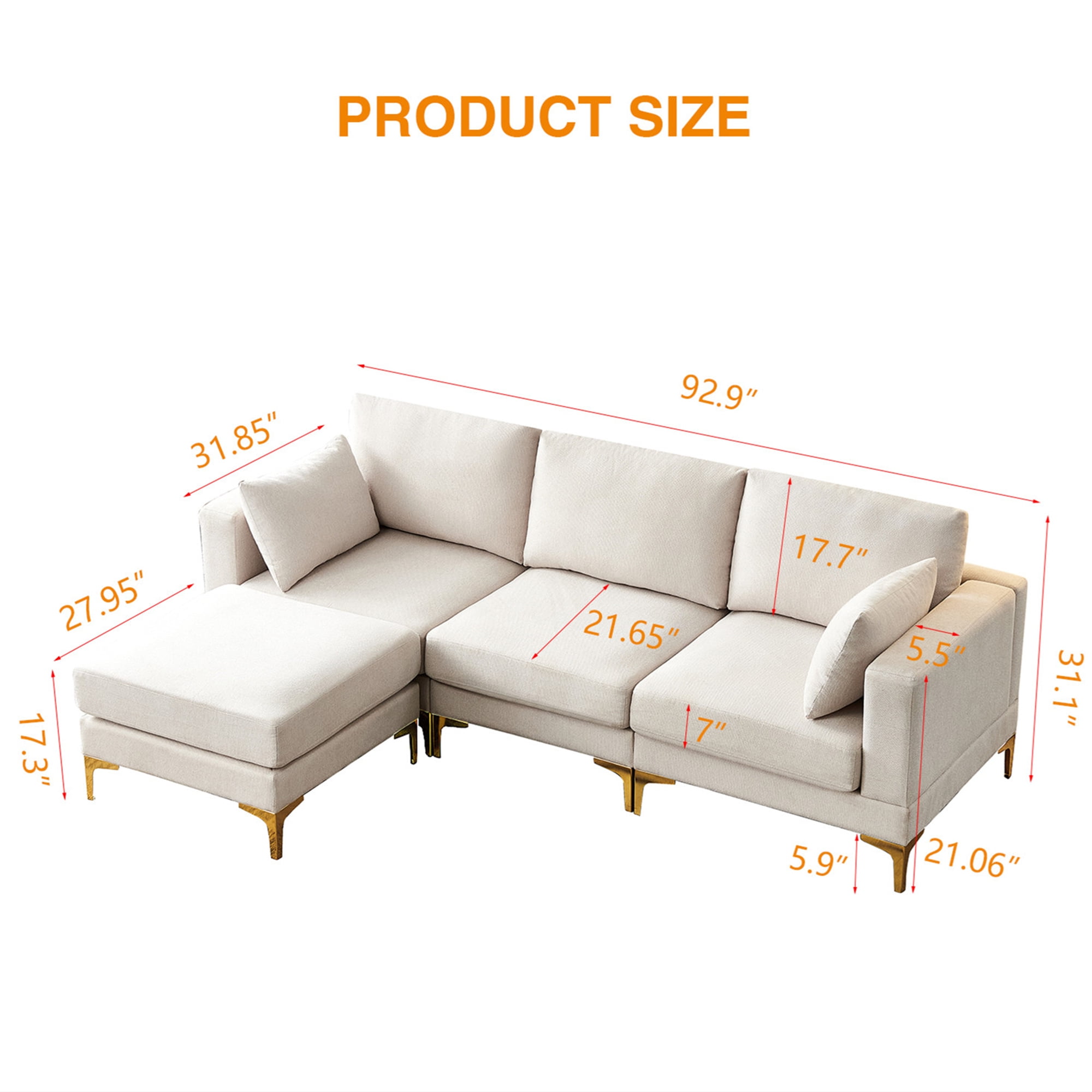 Aukfa 93" L shape Sectional Sofa Modular Couch for Living Room, 2 Pillows, Beige - Image 5