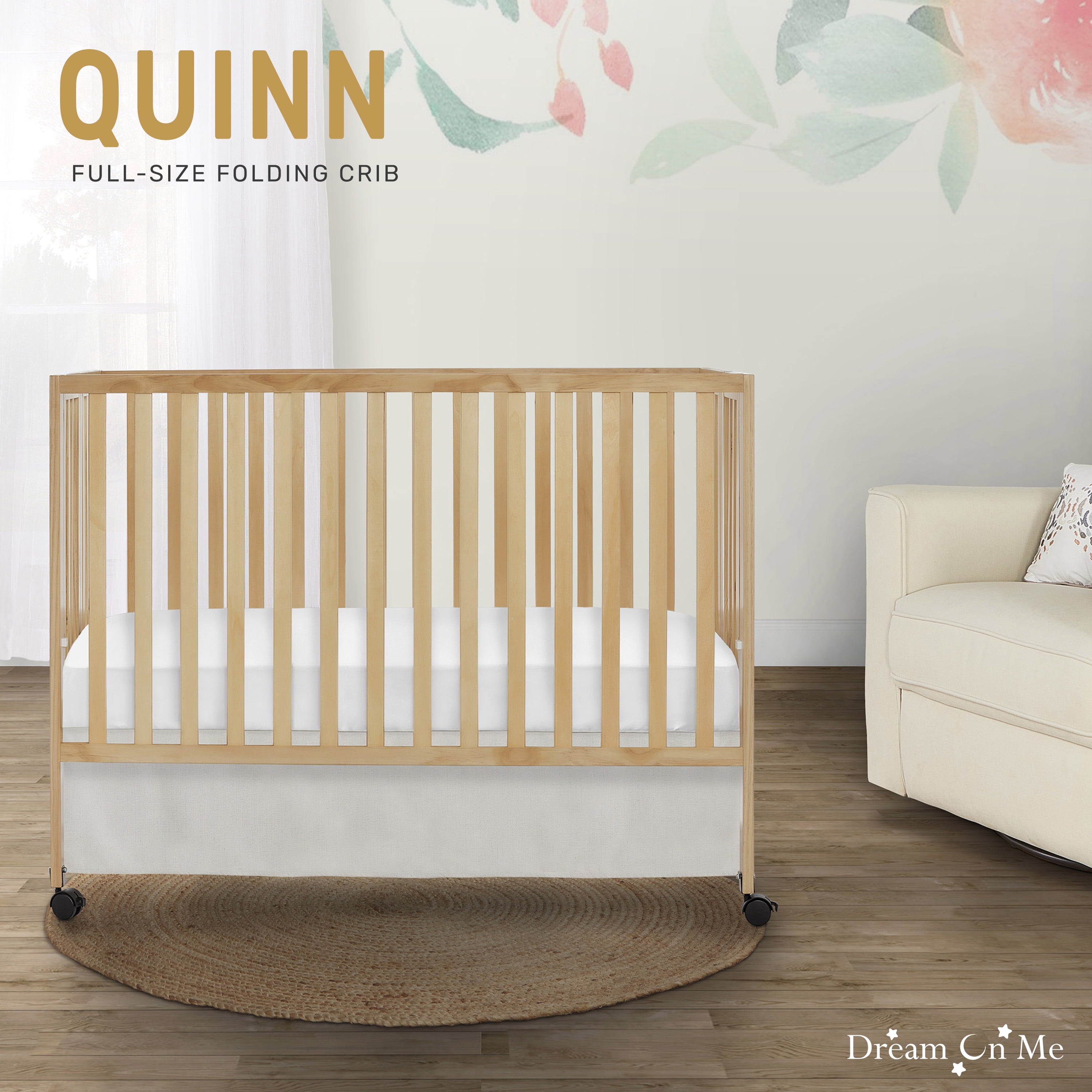 Dream On Me Quinn Full-Size Folding Crib, Removable Wheels, Modern Nursey, Adjustable Mattress Support, Patent Folding System in Natural - Image 11