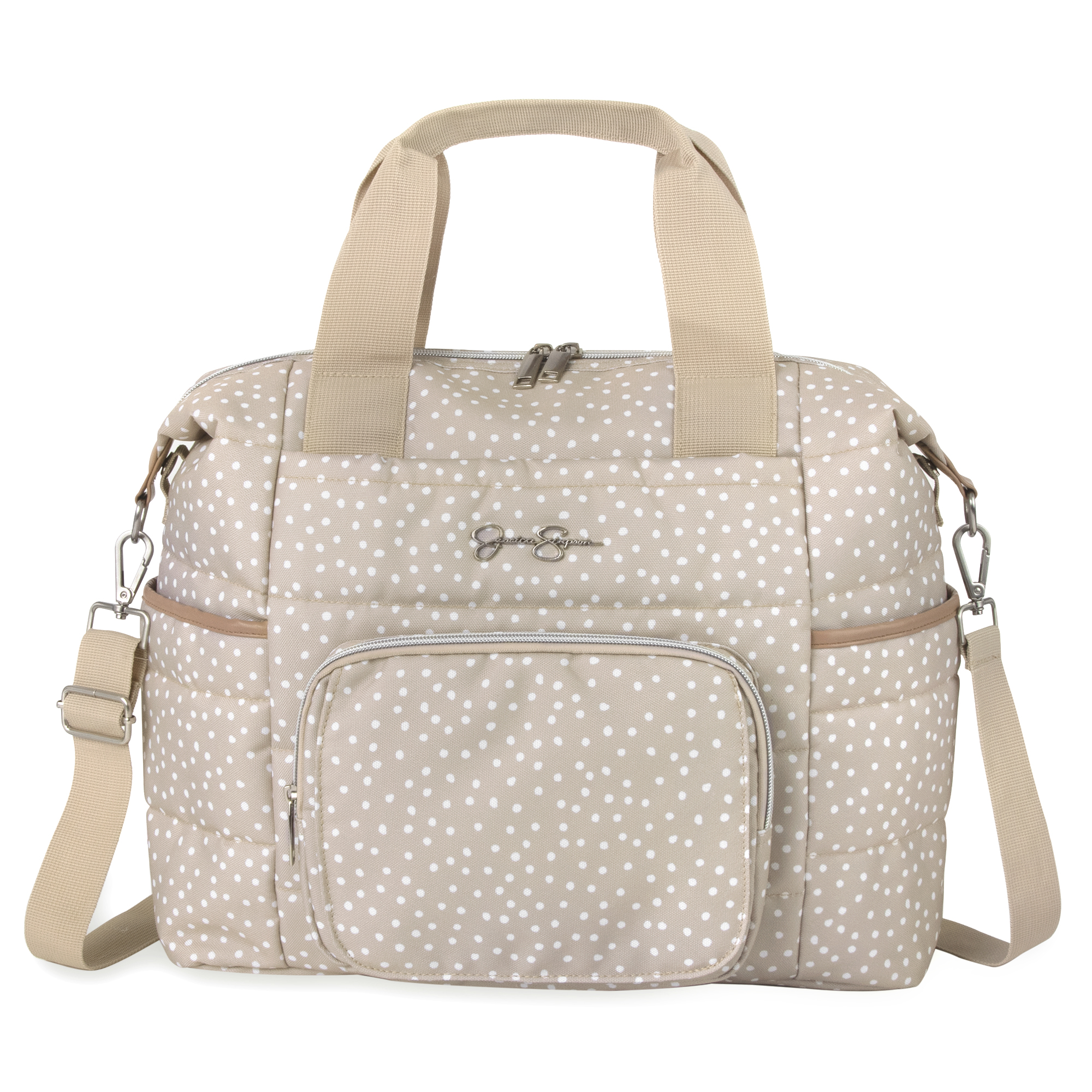 Jessica Simpson Quilted Baby Essentials Multifunction Multi-Pocket Fashion Diaper Bag Luggage Tote with Magnetic Front Wipes Pocket, Bottle Pockets & Changing Pad for Infant Boys & Girls in Taupe Dots - Image 5