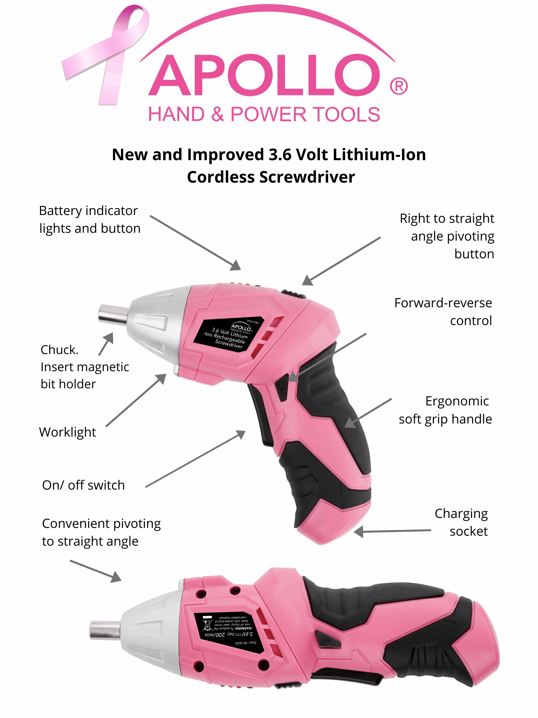 135 Piece Household Tool Kit Pink with Pivoting Dual-Angle 3.6 Volt Lithium-Ion Cordless Screwdriver - DT0773N1 - Image 6
