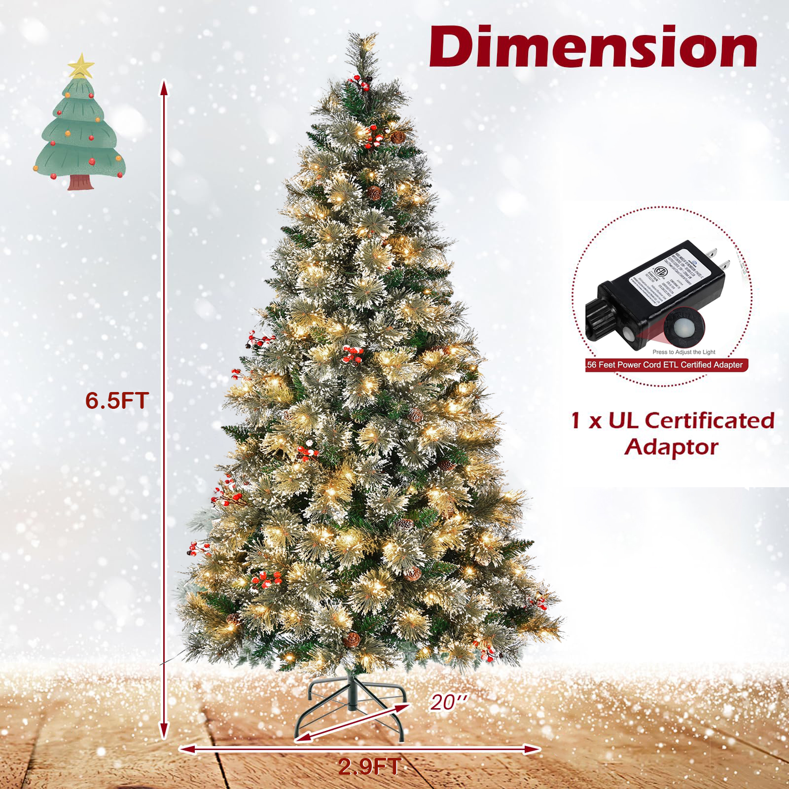 SUGIFT 6.5ft Pre-Lit Premium Pine Artificial Christmas Tree with Red Berries, 200 LED Lights, Green - Image 5