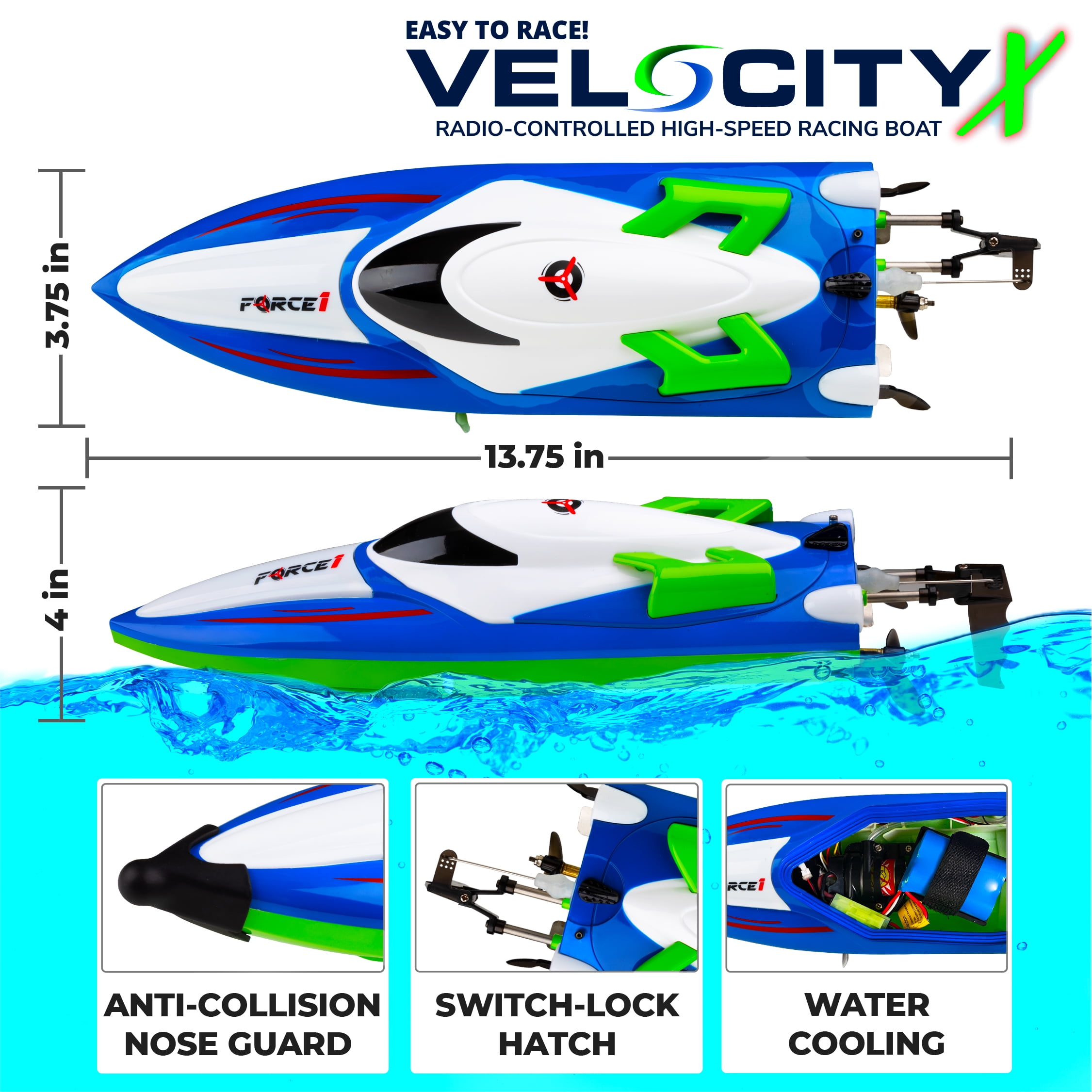 Force1 Velocity X LED Fresh Water Boat - Remote Control Boat for Freshwater Lakes and Ponds - Image 4