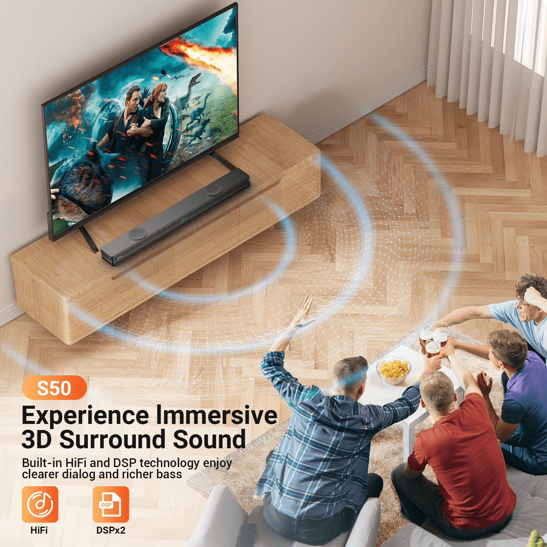 VEAT00L S50L 100W 2.2ch Sound Bars for TV, Soundbar with Subwoofer, Wired & Wireless Bluetooth 5.0 3D Surround Speakers, Optical/HDMI/AUX/COAX/USB Connection, Wall Mountable - Image 4