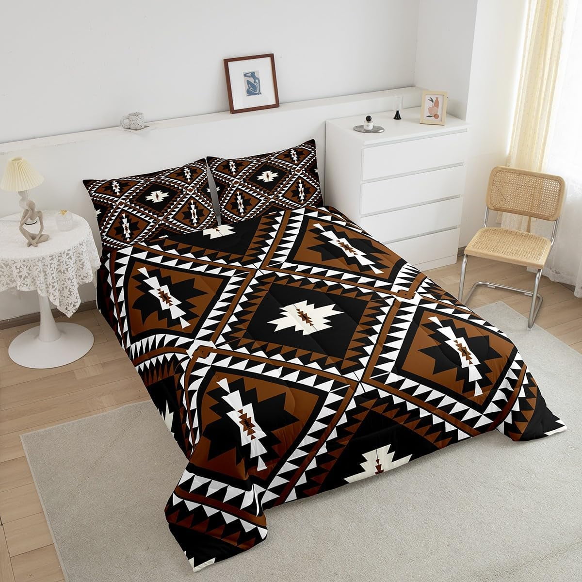 Rustic Western Twin Size Comforter Set For Men,Southwestern Aztec Bedding Set Bohemian Quilt Comforter Ethnic Mexican Geometric Diamond Duvet Insert Brown Black White Farmhouse Room Decor 2 Pcs - Image 3