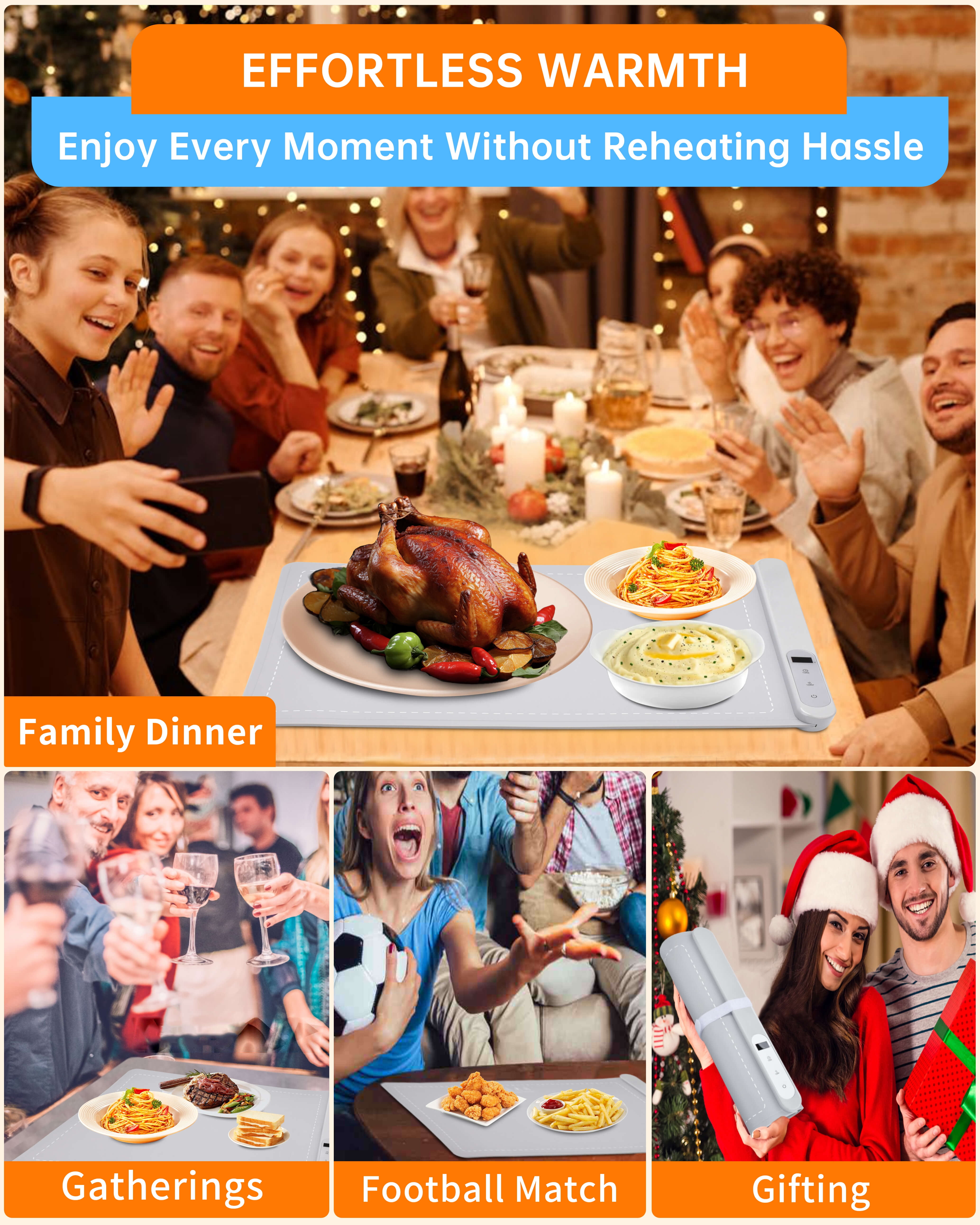 Aotto Electric Warming Tray with Adjustable Temperature, Foldable Food Warmer for Parties, 6 Temperature Levels, Auto Shut-Off Food Warmer Mat for Buffet, Gatherings, Everyday Use, Gray - Image 3