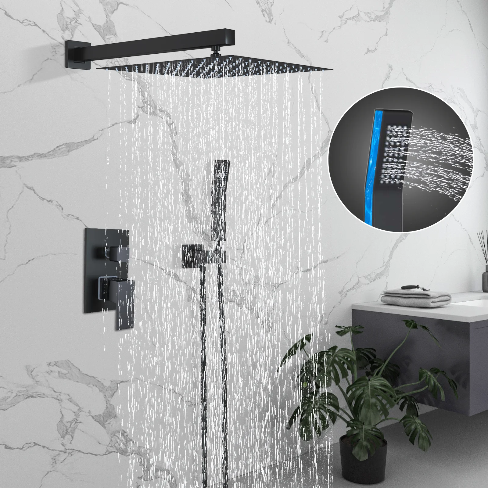 Zovajonia Matte Black Shower System 8 Inches Shower Faucet Set, Rain Shower Head with Handheld Spray Bathroom Wall Mount Shower Fixtures - Image 7