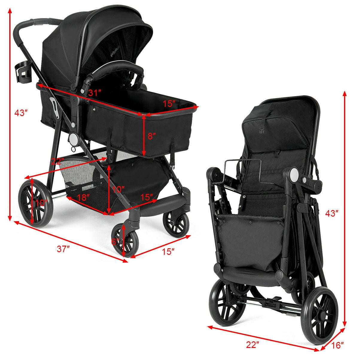 Costway Foldable Baby Stroller 2 in 1 Newborn Infant Travel Buggy Pushchair 22 lbs Black - Image 5
