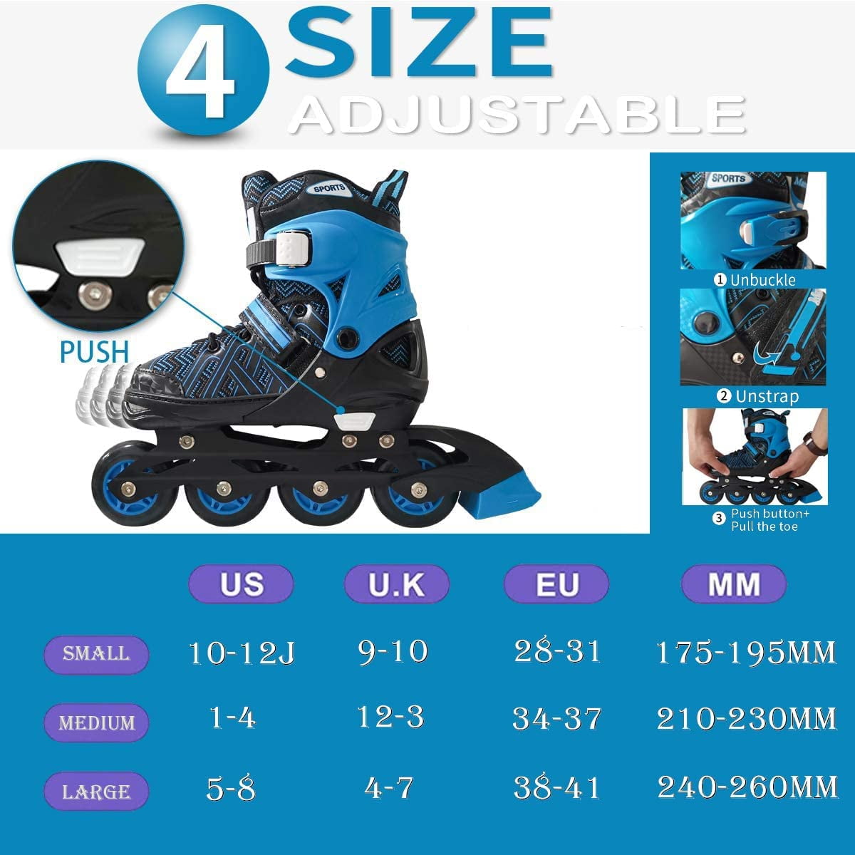 SubSun Boys Inline Skates for Kids Girls with Light Wheels Adjustable Blue Medium(US 1-4) - Image 6