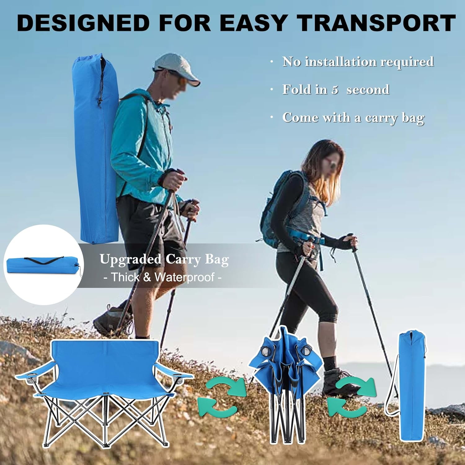Double Camping Chair, Outdoor Folding Loveseat Chair Supports 500 LBS, Portable Oversized Lawn Chair with Cup Holders for Backpacking Hiking Picnic, Sturdy Steel Frame & 600D Oxford Fabric - Image 7
