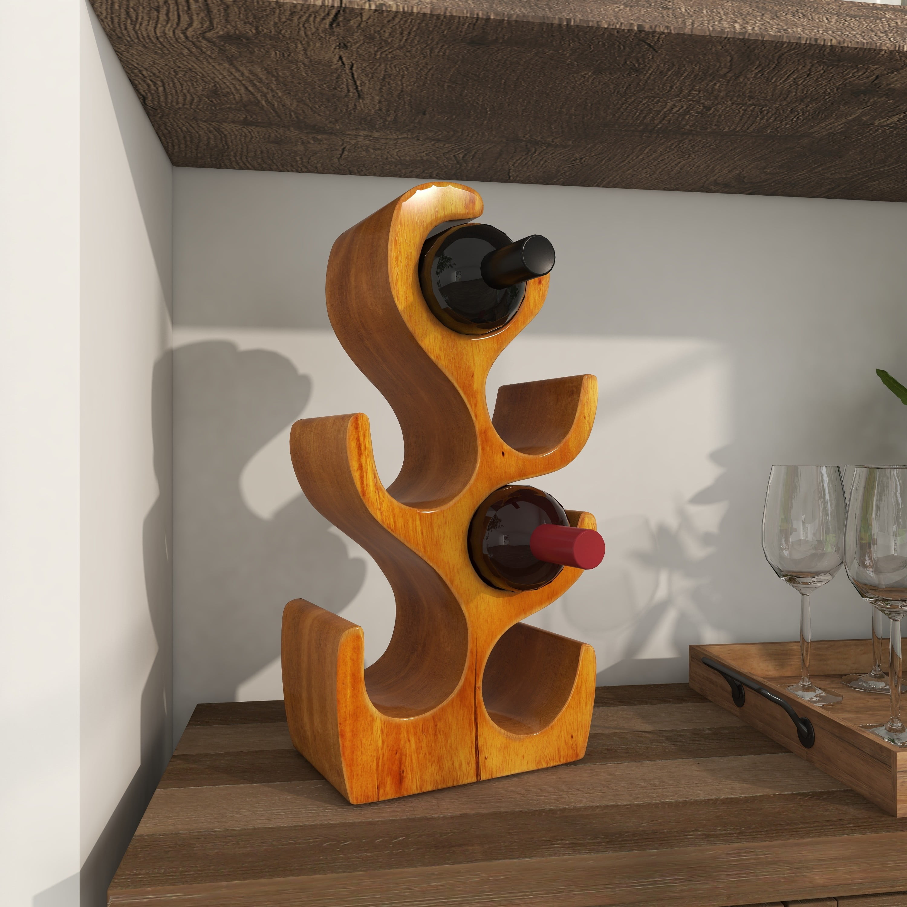 6- Bottle Brown Curved Tree Shaped Wine RackDecMode 10" x 20" Brown Teak Wood Curved Tree Shaped 6 Bottle Wine Rack, 1-Piece - Image 7
