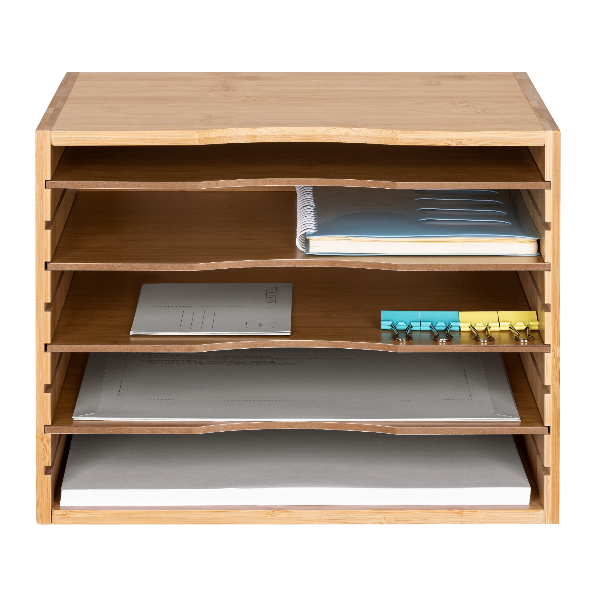 Navaris Bamboo Desk File Organizer - Paper Tray Letter Storage with 4 Adjustable Shelves - Desktop Inbox Trays - 13" Wide x 9.6" Deep x 10.2" High - Image 5