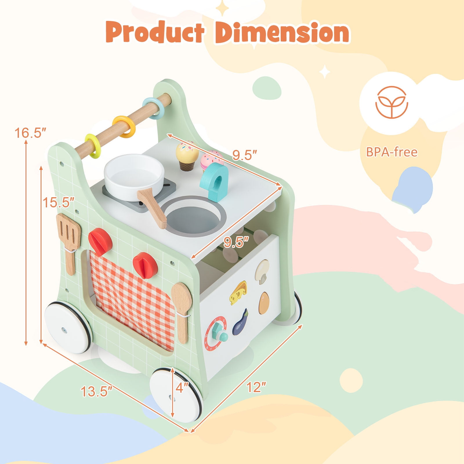 Costway 6-in-1 Baby Push Walker Wooden Strollers Learning Activity Center Toy with Kitchen 12+ months+ Green - Image 3