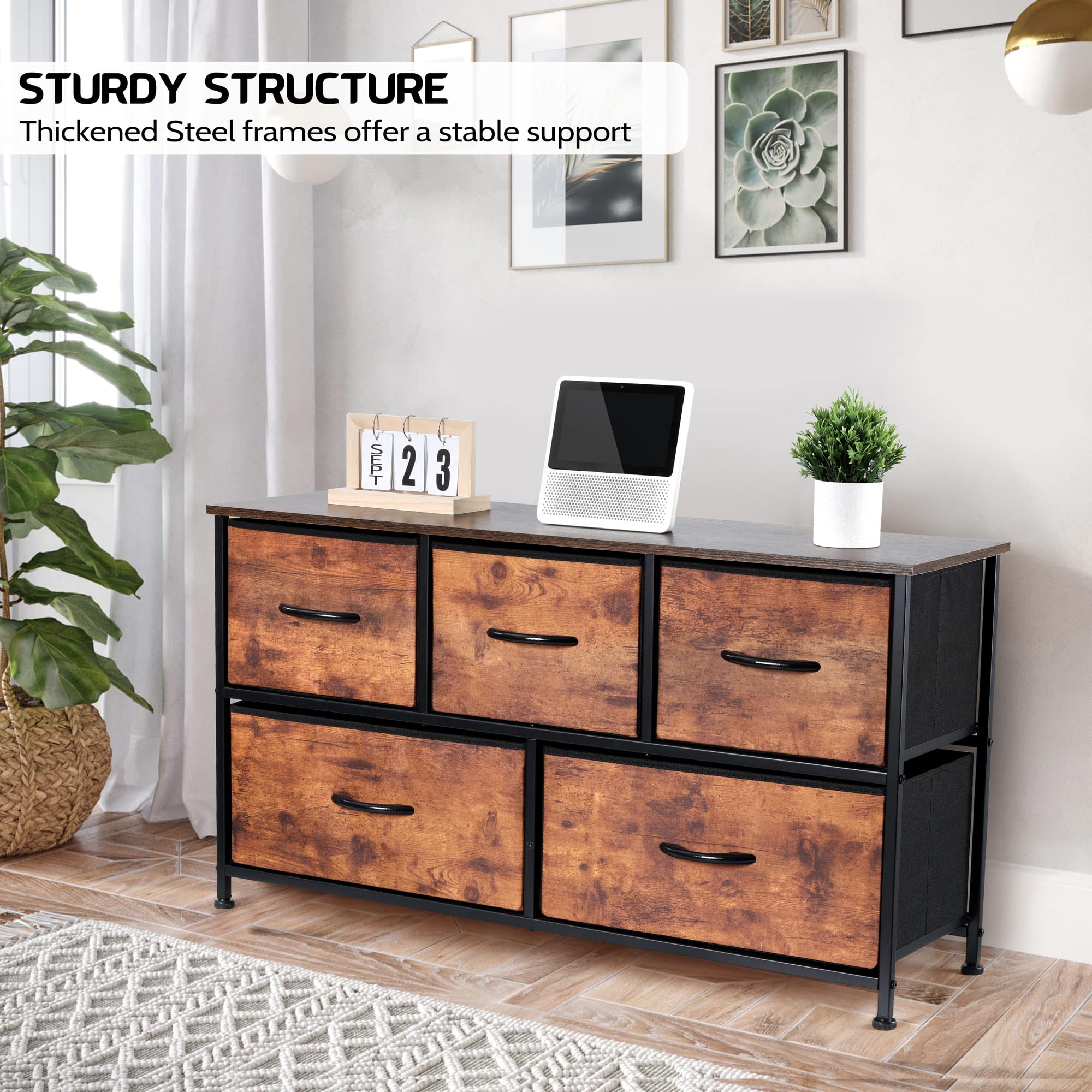 Vesteel 5 Drawers Dresser, Wide Chest of Drawers Fabric Dresser with Wood Top and Sturdy Steel Frame, Storage Organizer Unit for Closet, Living Room, Hallway - Rustic Brown - Image 5