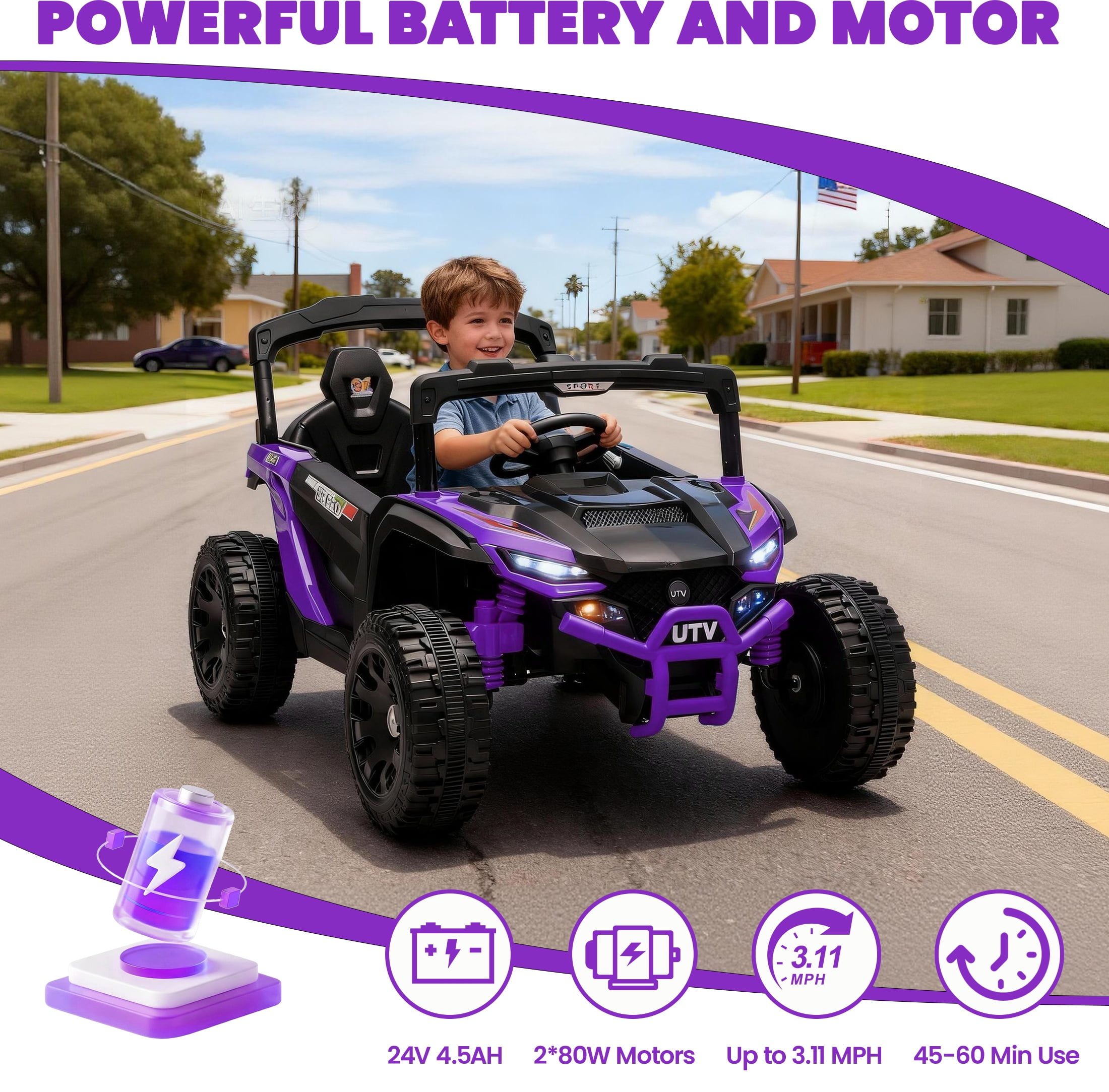 iYofe 24V Powered Ride on Toys with Remote Control, Kids Ride on Car UTV for Boys Girls Ages 3-5, Ride on Vehicles Electric Cars for Kids with Bluetooth, Music, LED Light, 4 Wheels Suspension, Purple - Image 4