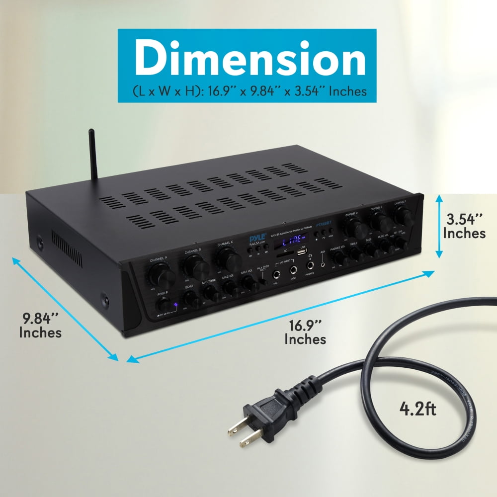 Pyle 600 Watt 6 Channel Bluetooth Amplifier Stereo Receiver w/ Remote Control PTA66BT - Image 5