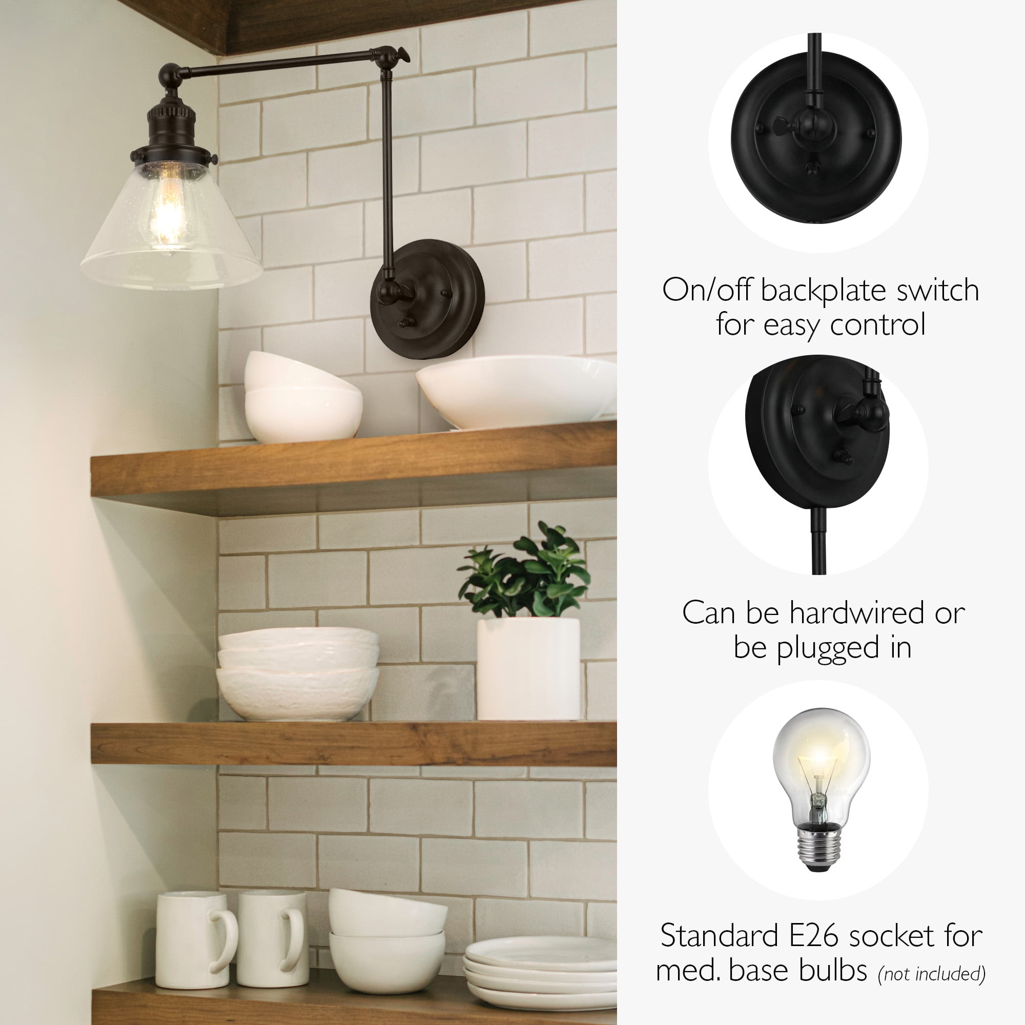 Augustin Black 3-Point Adjustable Arm Wall Sconce With Seeded Glass Shade - Image 7