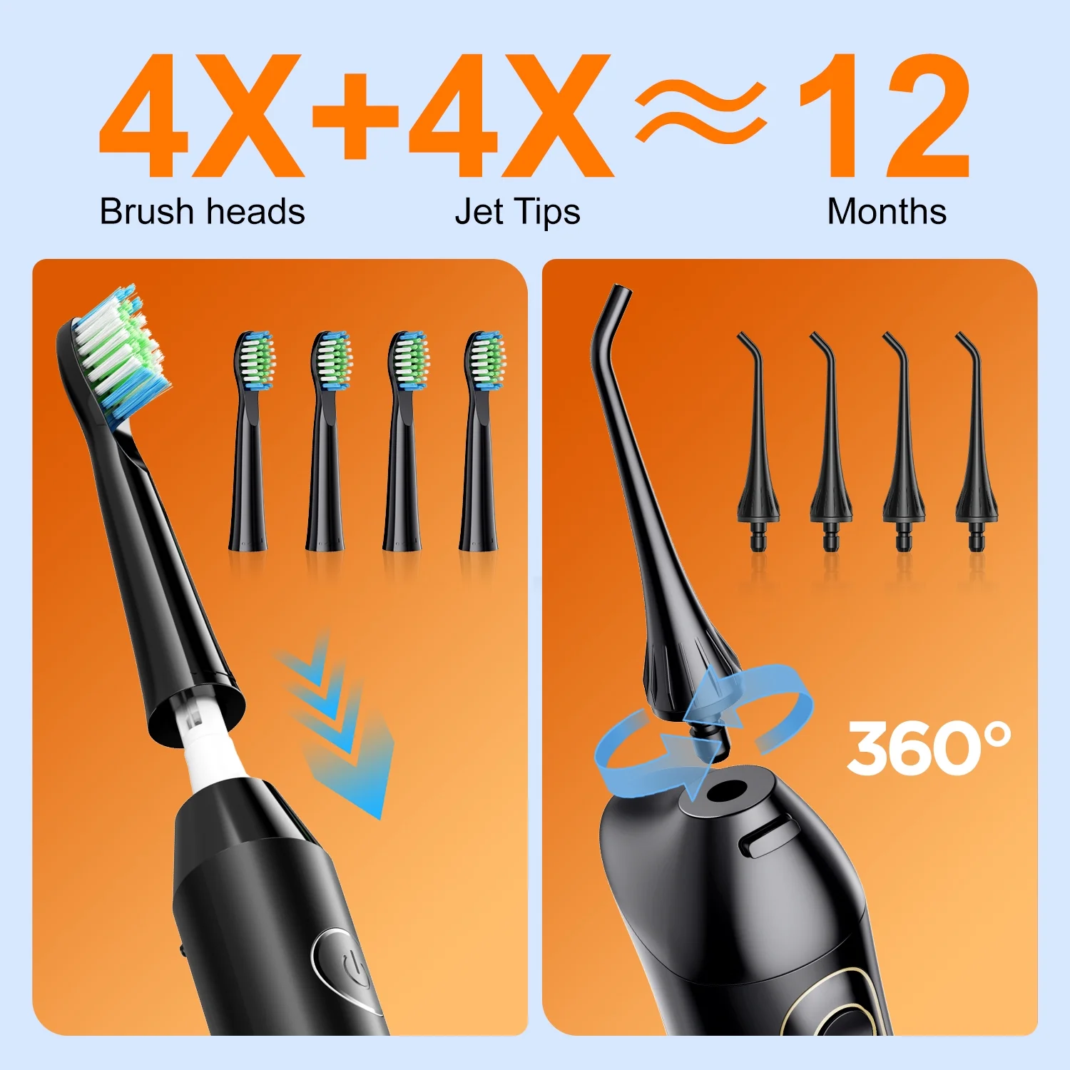 Fairywill Electric Toothbrush Water Flosser Combo, 47000/min Sonic Toothbrush with 5 Modes and 300ml Oral Irrigator,4 Brush Heads & 4 Jet Tips Included, Black - Image 5