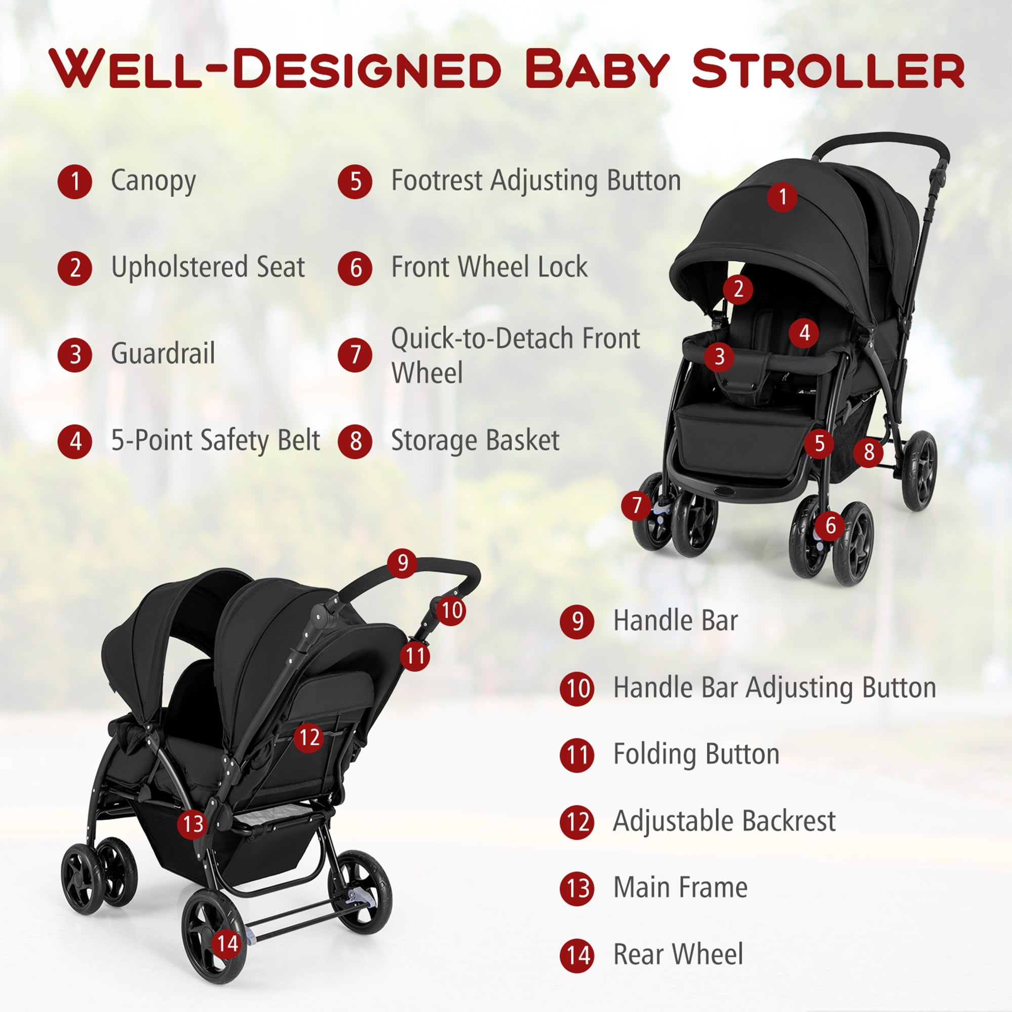 Costway Double Stroller Foldable Baby Twin Lightweight Travel Stroller Infant Pushchair Black - Image 7