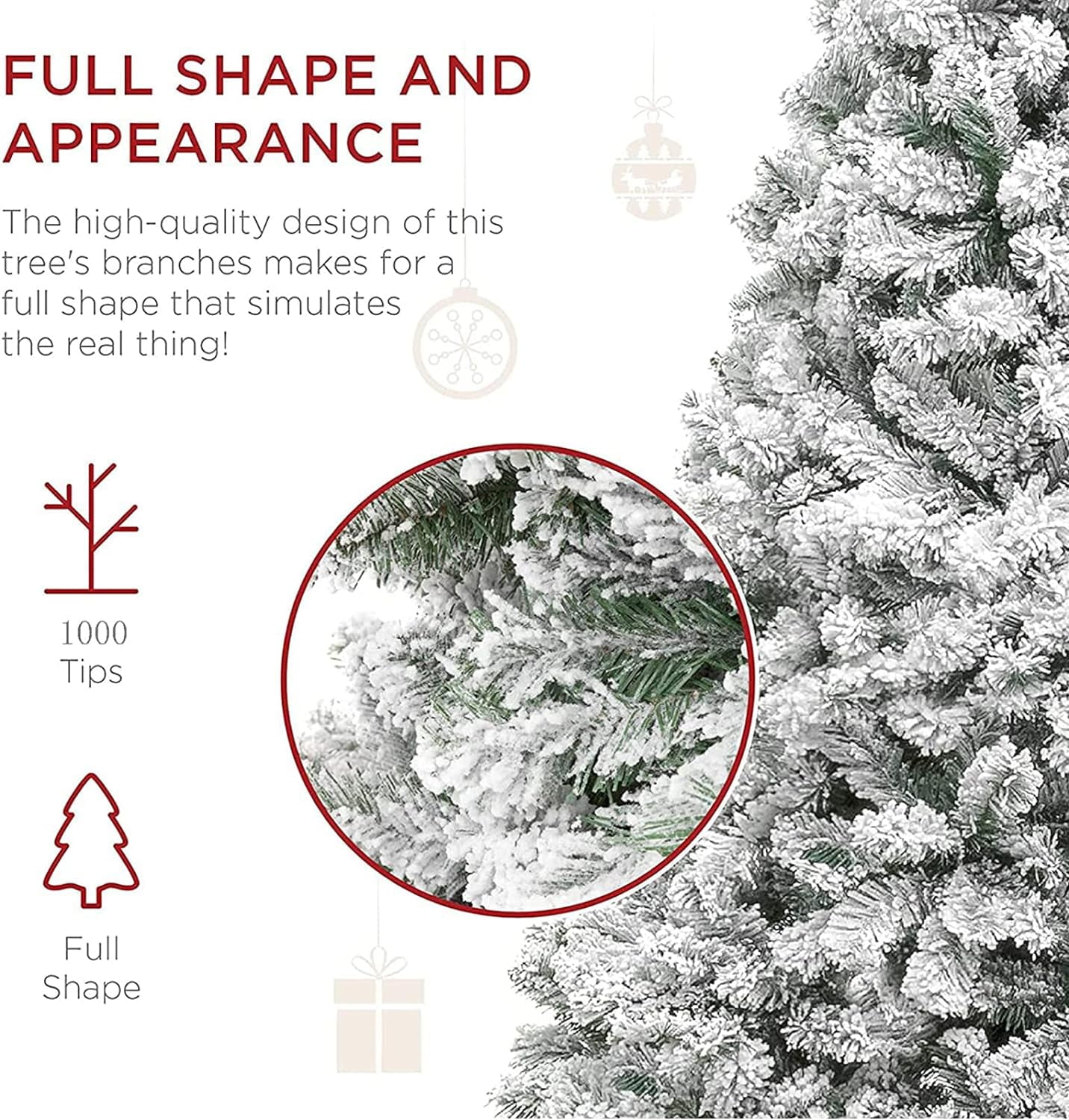 HONGGE 6ft Snow Flocked Christmas Tree Premium Artificial White Christmas Tree with 1000 Branch Snow Tips and Metal Stand Fake Xmas Tree for Home Office Party Christmas Decorations (6ft White) - Image 4