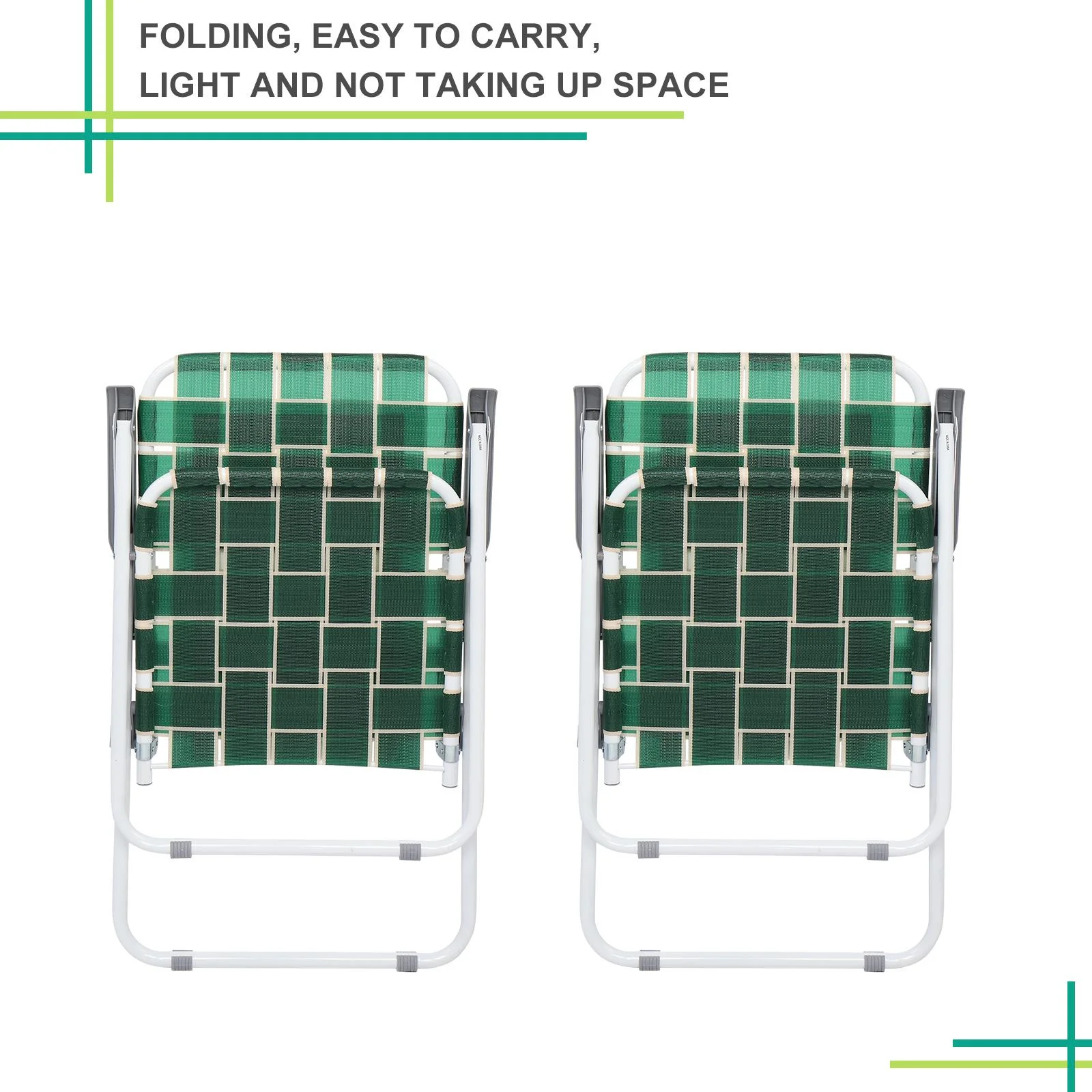 UBesGoo Folding Web Lawn Chair Set, 2 Pack Outdoor Beach Chair Portable Camping Chair(Dark Green) - Image 3