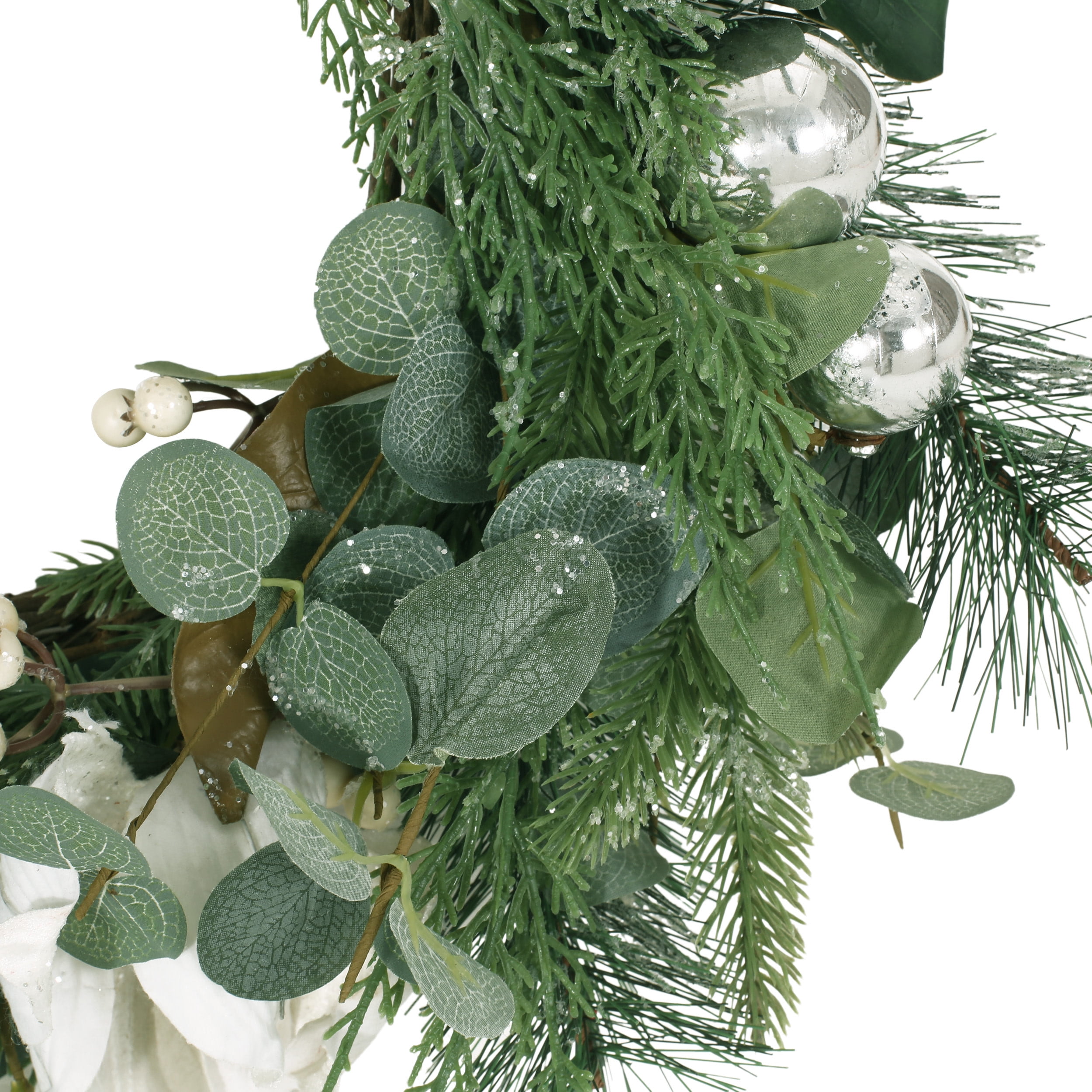 Noble House Torelli Artificial Eucalyptus and Pine Wreath with Magnolias, Green and White, 21.75" - Image 6