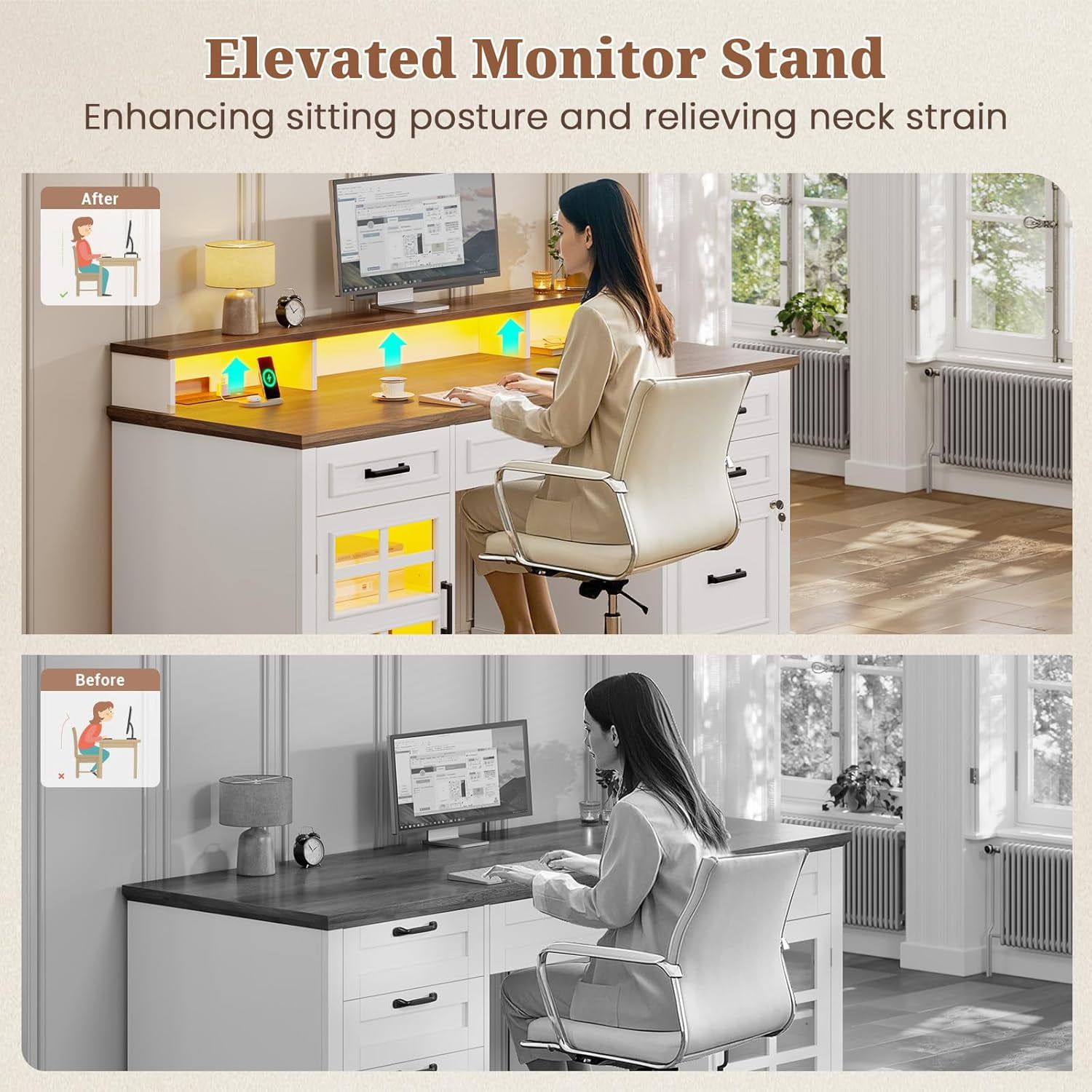 60'' Farmhouse Executive Desk with Drawers, Computer Desk with Power Outlet and LED Lights for Home, Office, White - Image 5