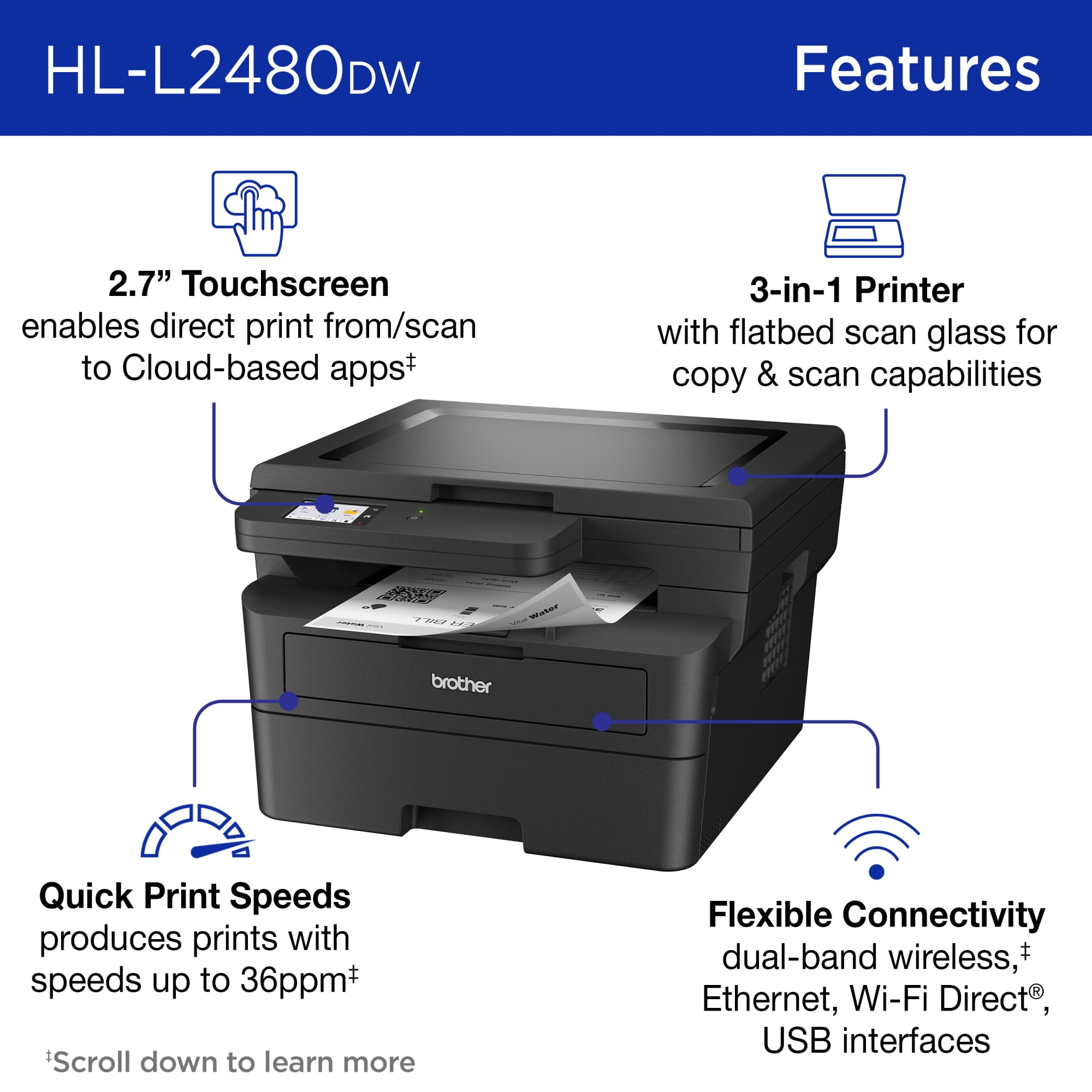 Brother Wireless HL-L2480DW Compact Monochrome Multi-Function Laser Printer with Print, Copy and Scan, Duplex and Mobile Printing - Image 4