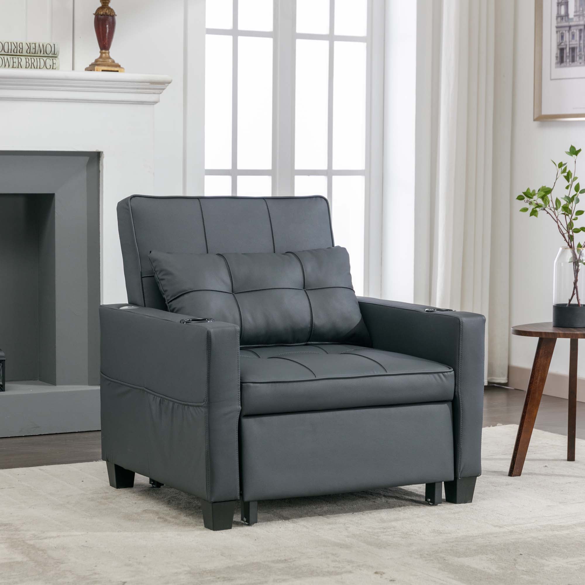 Aukfa Futon Convertible Sleeper Sofa Chair with USB Ports Cup Holders for Living Room, Dark Gray - Image 5