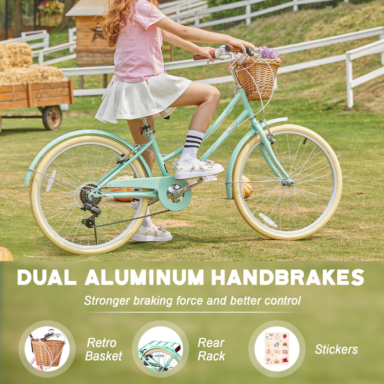 Glerc Missy 20" Girl Bicycle for Youth Over 6 Years Old Kids, Teenager with Wicker Basket, Mint Green - Image 5