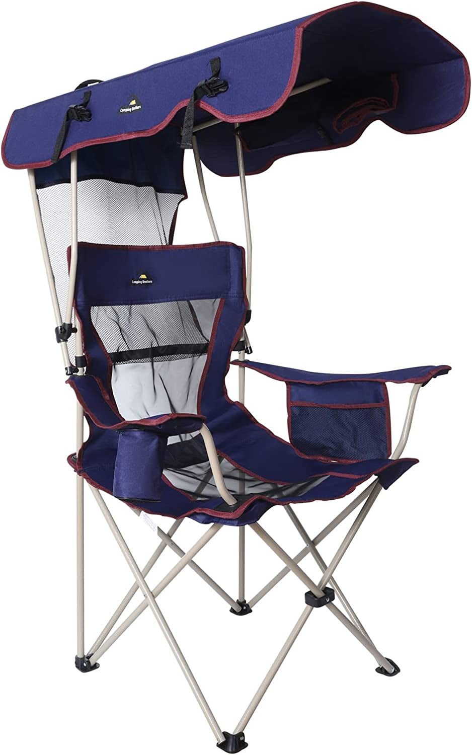 Camping Brothers Camping Chair with Shade Canopy - Outdoor Folding Patio Chair - Includes Retractable Sun Shade, Cup Holder, Side Pockets (Navy) - Image 9