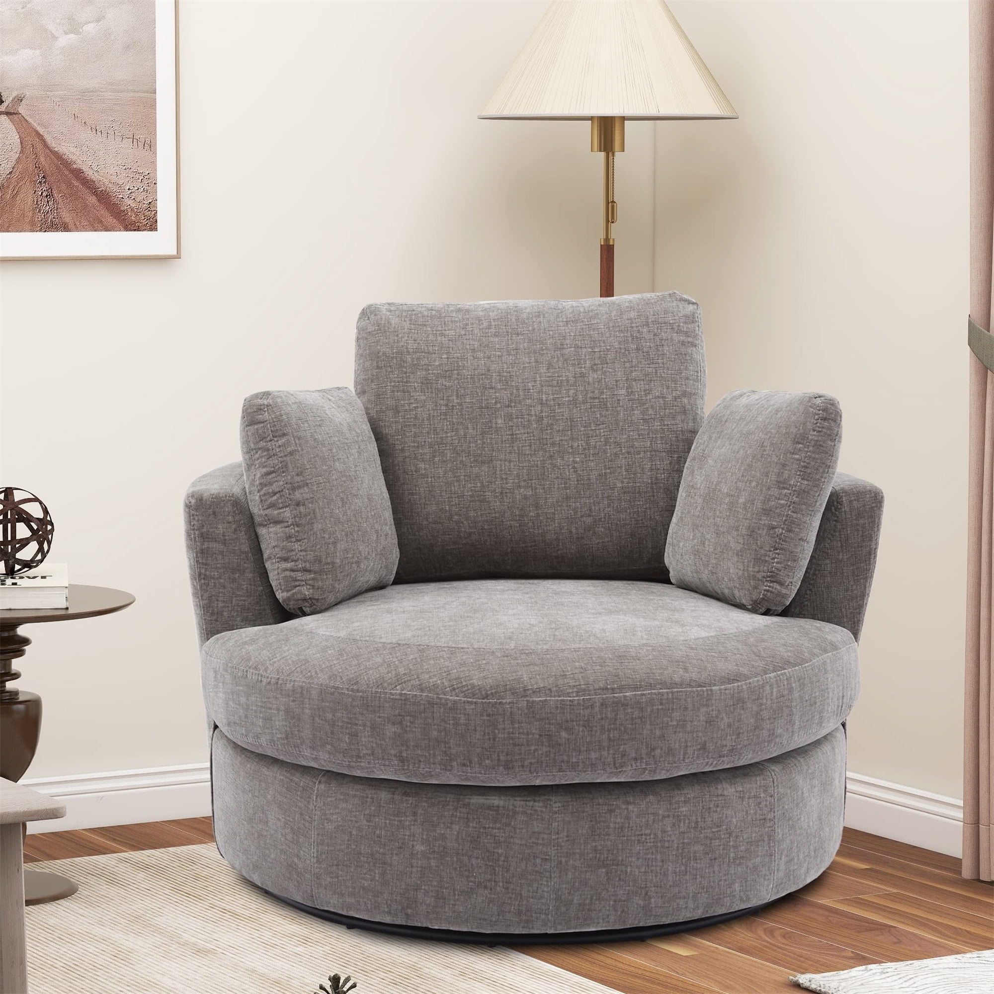 Aukfa 42" Oversized Swivel Accent Chair Barrel Chair w/ 3 Pillows for Living Room, Chenille, Gray - Image 3