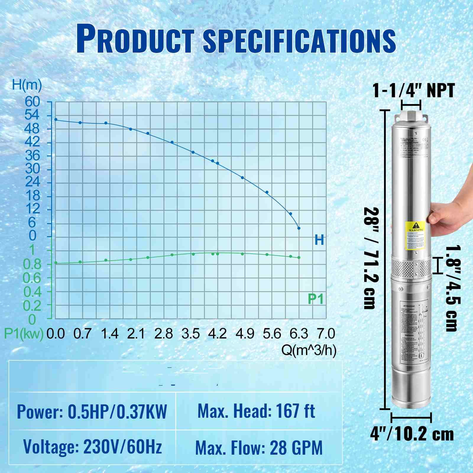 VEVORDeep Well Submersible Pump, 0.5HP/370W 230V/60Hz, 28GPM 167 ft Head, with 33 ft Electric Cord, 4 inch Stainless Steel Water Pumps for Industrial, Irrigation and Home Use, IP68 Waterproof Grade - Image 4