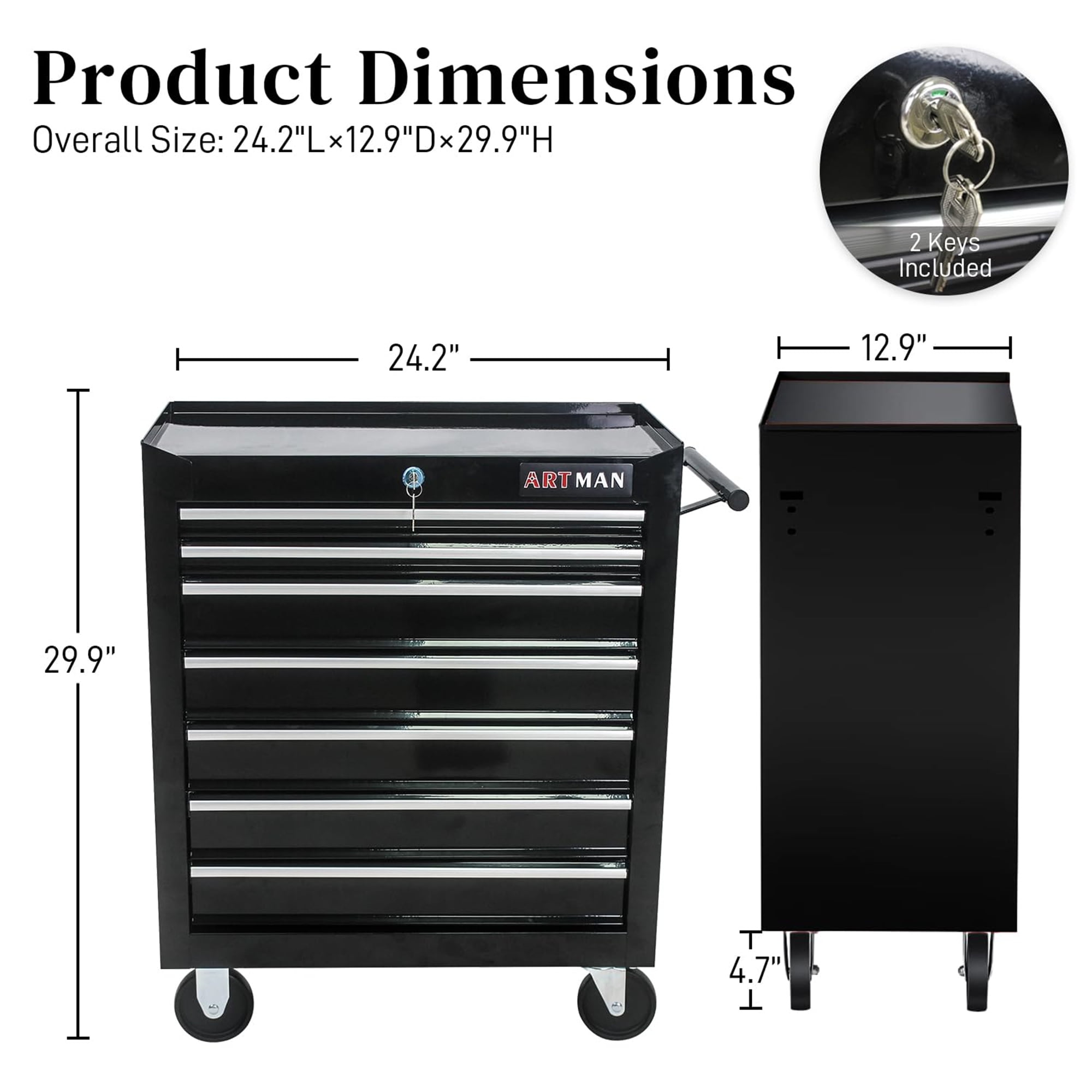 Aukfa Tool Chest, 24.5 in 7-Drawer Steel Rolling Tool Box on Wheels for Workshop Garage, Black - Image 15