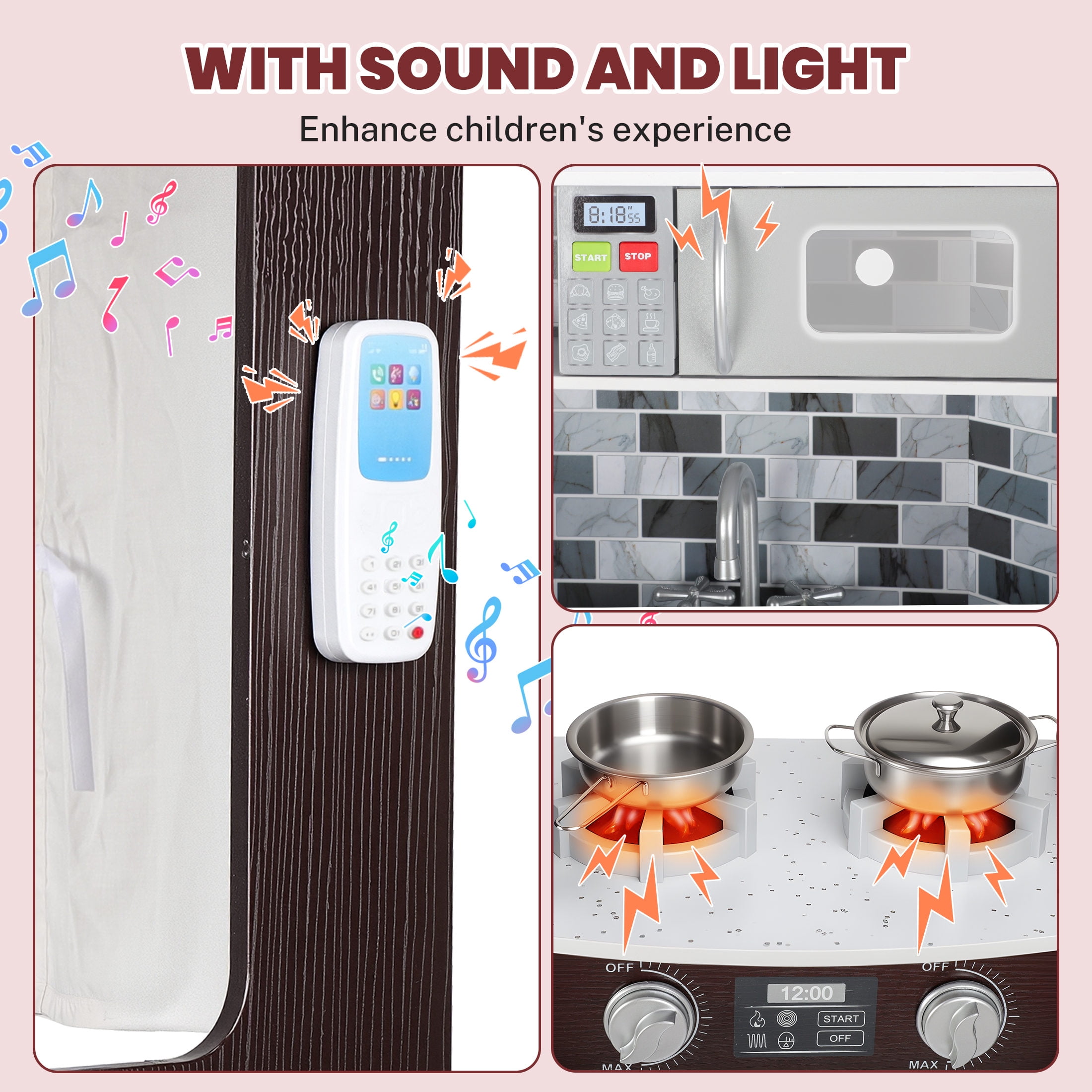 iYofe Corner Wooden Play Kitchen, Kids Kitchen Playset w/Light & Sound, Phone, Microwave, Stove, Cocina de Juguete Para Niña with Cooking Toys Accessories for Toddler Ages 3-5 Boys Girls, Espresso - Image 8