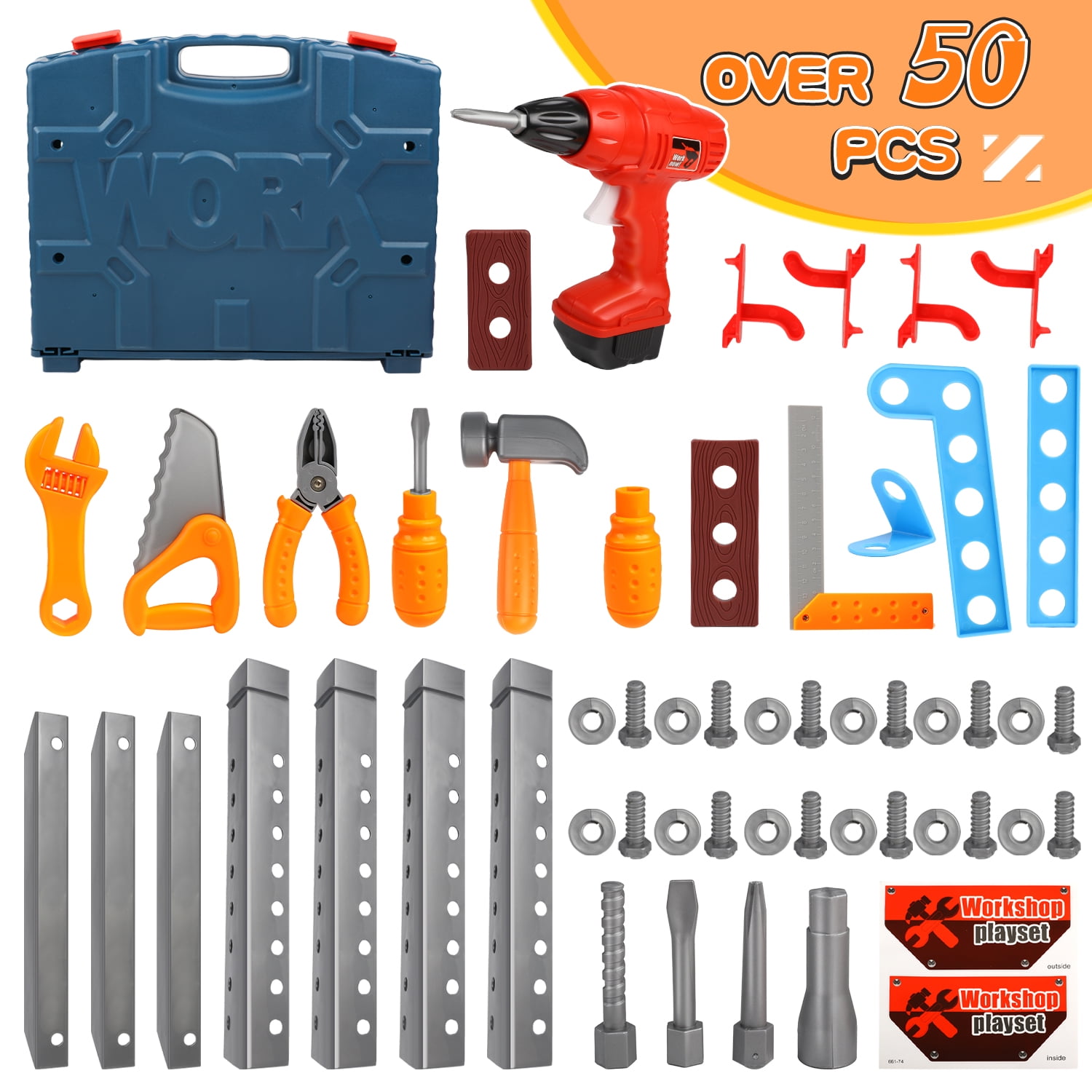 Beefunni 56 Pcs Kids Tool Bench Play Set, Foldable Pretend Workbench Accessories, Realistic Power Tools Workshop Construction Toys with Drill, Gift Toys for Boys Girls 3 4 5 6+ - Image 7
