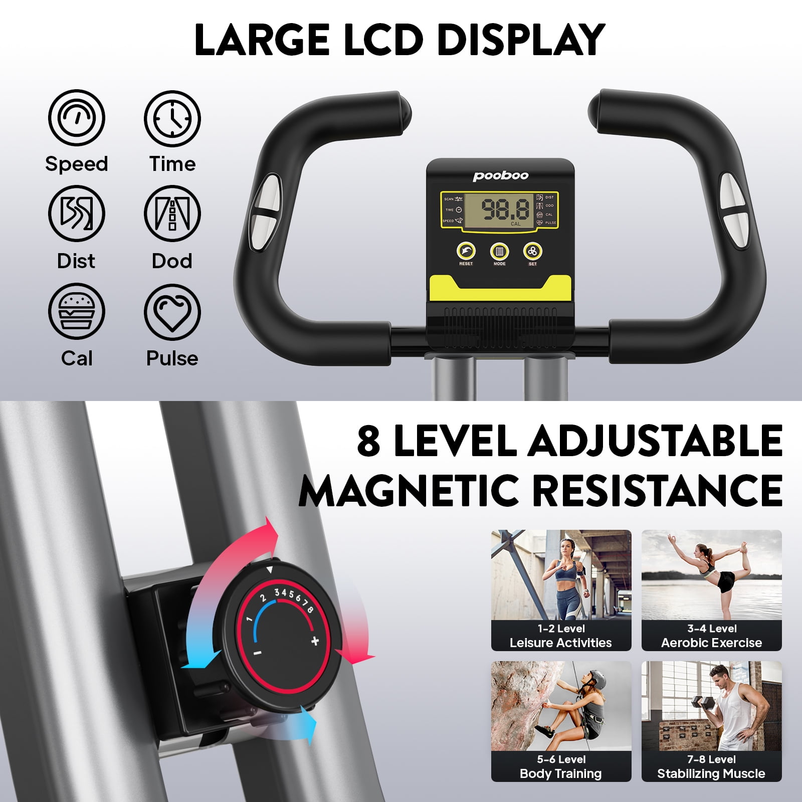 Pooboo Folding Exercise Bike Indoor Stationary Cycling Bicycle Upright Magnetic Workout Bicycle With Dumbbells and Resitance Bands Maximum Weight 300LBS - Image 5