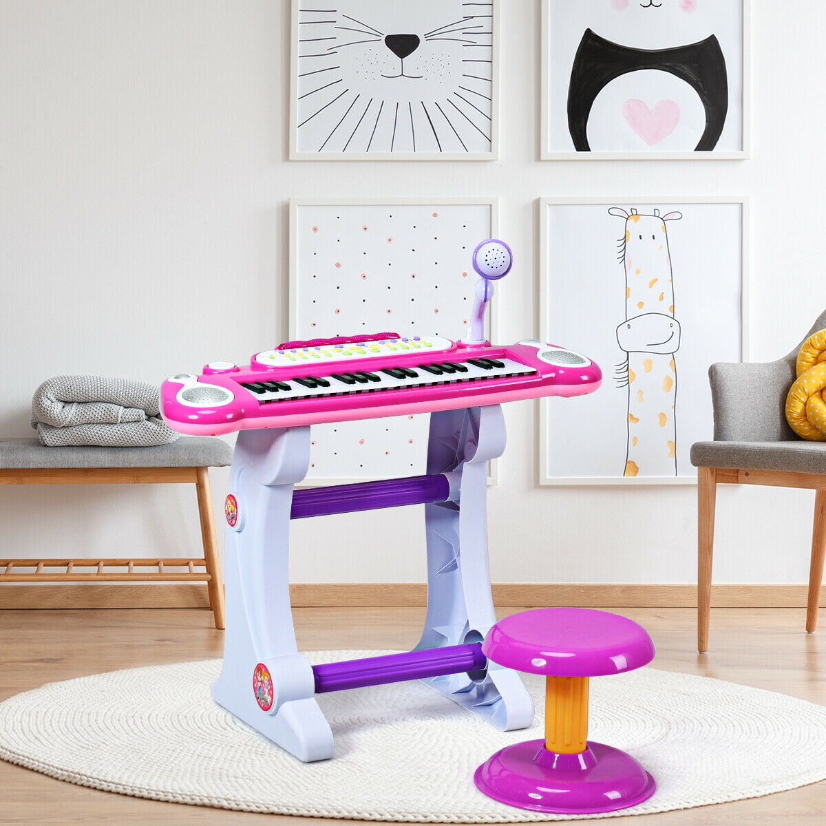 Costway 37 Key Electronic Keyboard Kids Toy Piano MP3 Input with Microphone and Stool Pink - Image 7