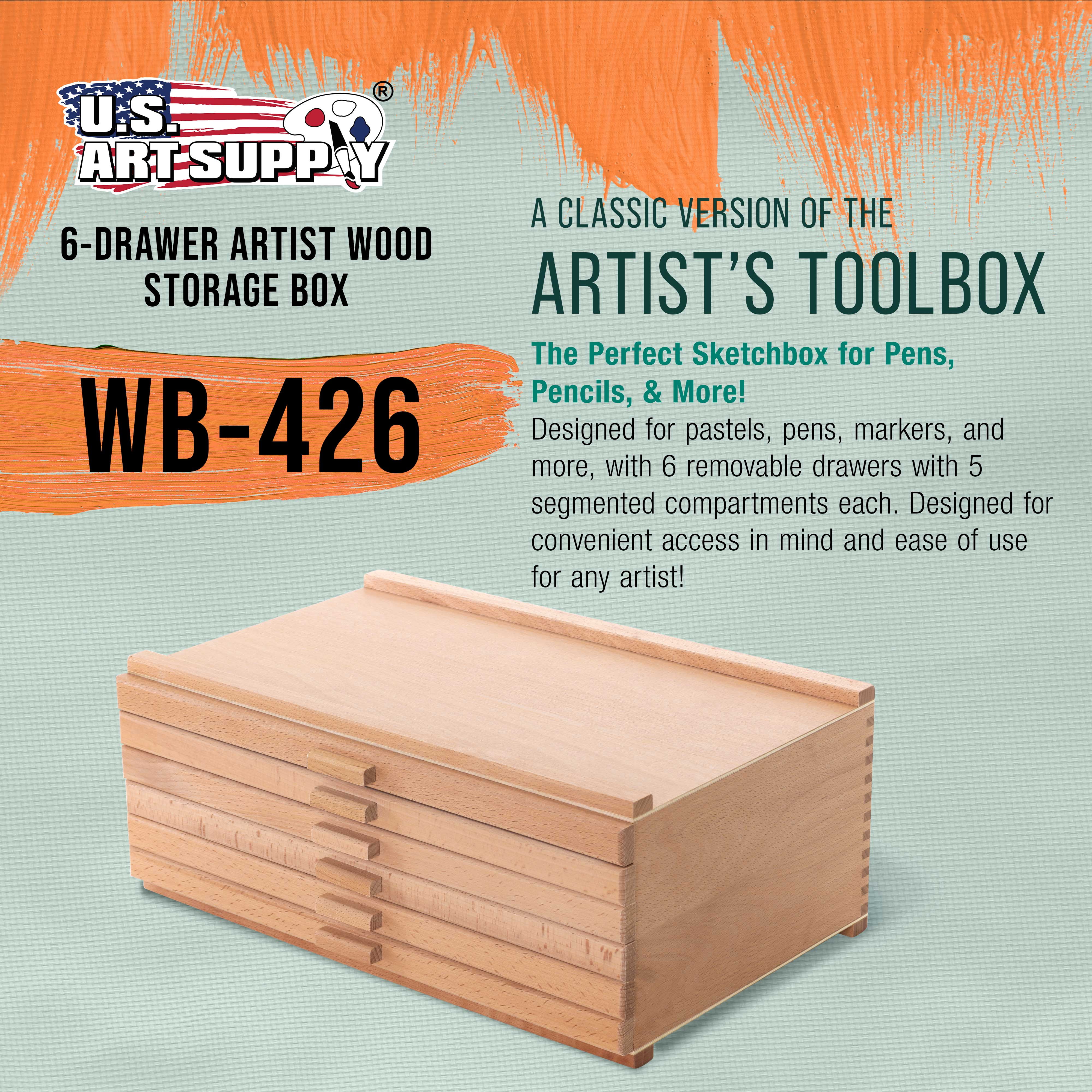 U.S. Art Supply 6-Drawer Artist Wood Pastel, Pen, Marker Storage Box - Elm Hardwood Construction, 5 Compartments per Drawer - Ideal for Pastels, Pens, Pencils, Charcoal, Blending Tools - Image 5