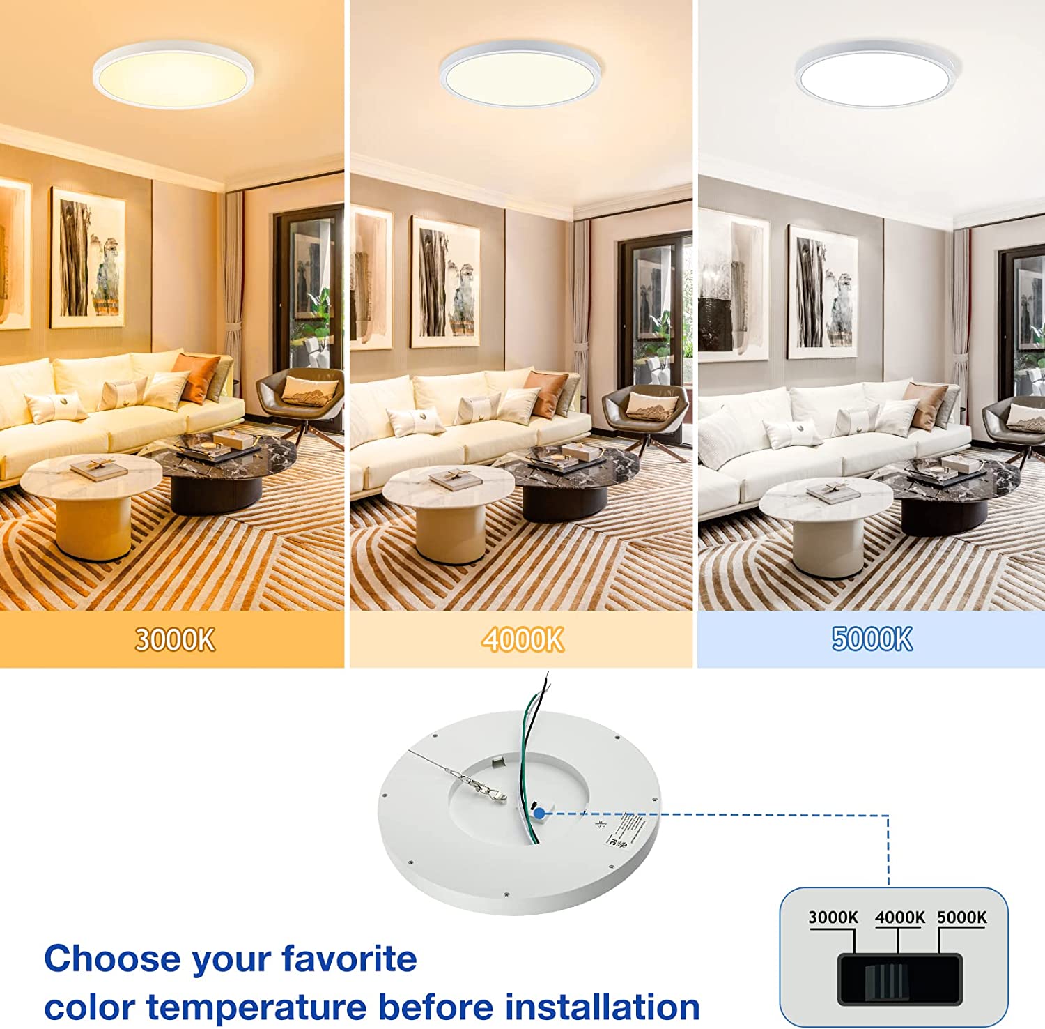 12 Inch Dimmable LED Ceiling Light Flush Mount, 3 Color Temperature Selectable 3000K/4000K/5000K, 20W, 120V, White, ETL, 2-Pack - Image 3