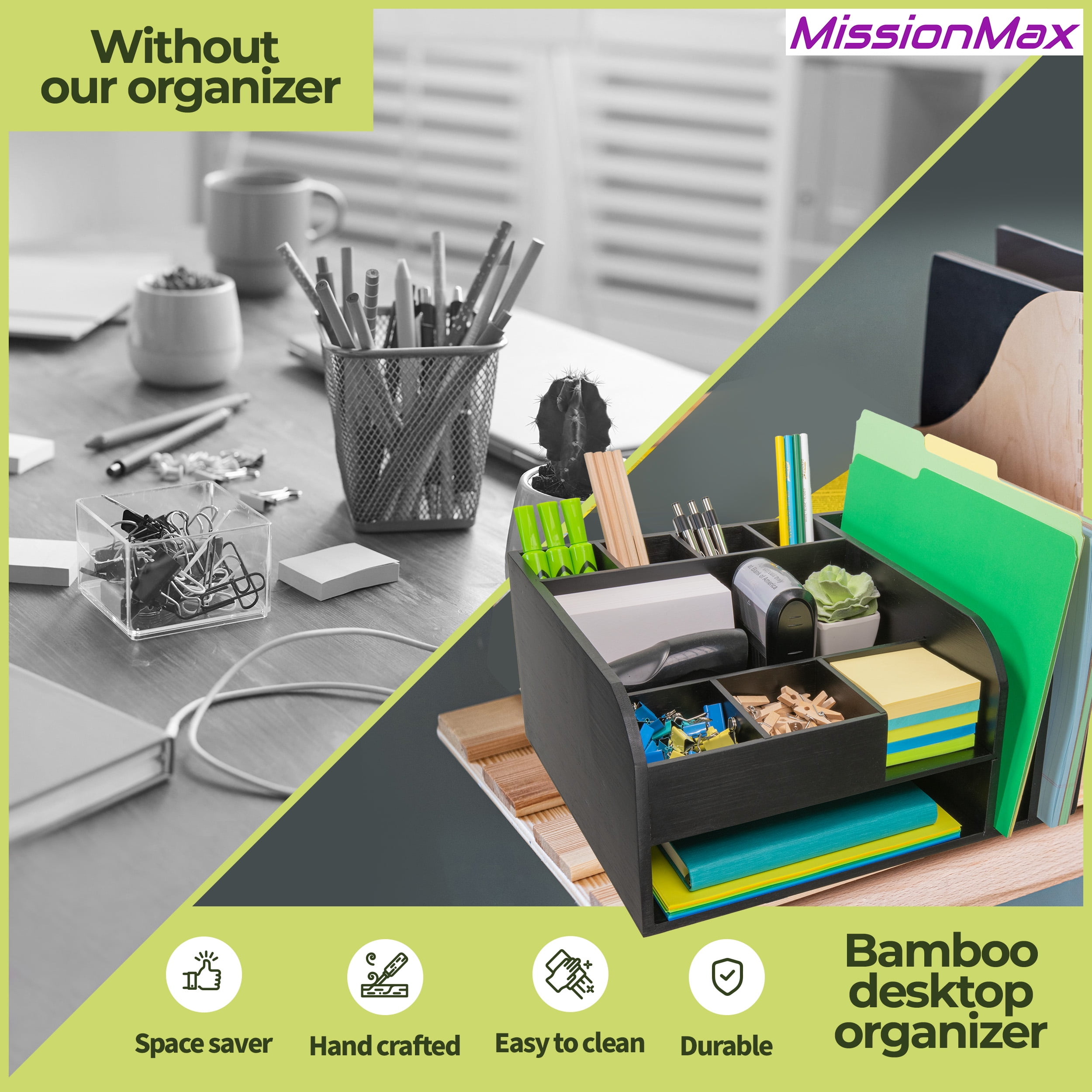 MissionMax Black Bamboo Organizer with attached Upright File Holders, Paper Tray & Storage Bins - Image 6